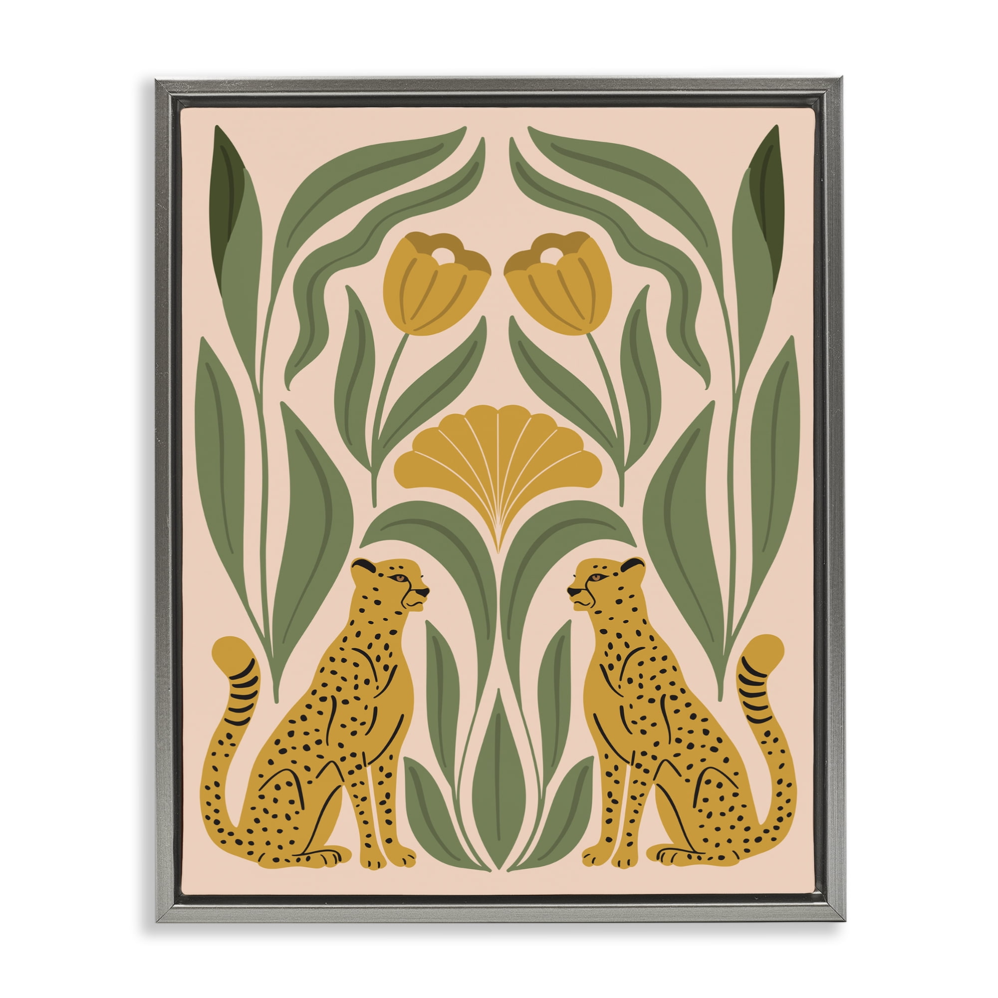 Stupell Industries Boho Chic Mirrored Leopards Plants & Flowers Painting Gray Floater Framed Canvas Art Print Wall Art, 17 x 21
