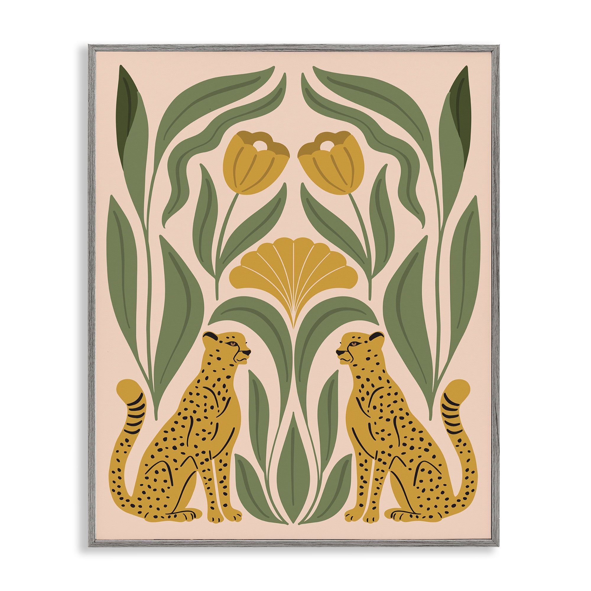 Stupell Industries Boho Chic Mirrored Leopards Plants & Flowers Painting Gray Framed Art Print Wall Art, 16 x 20