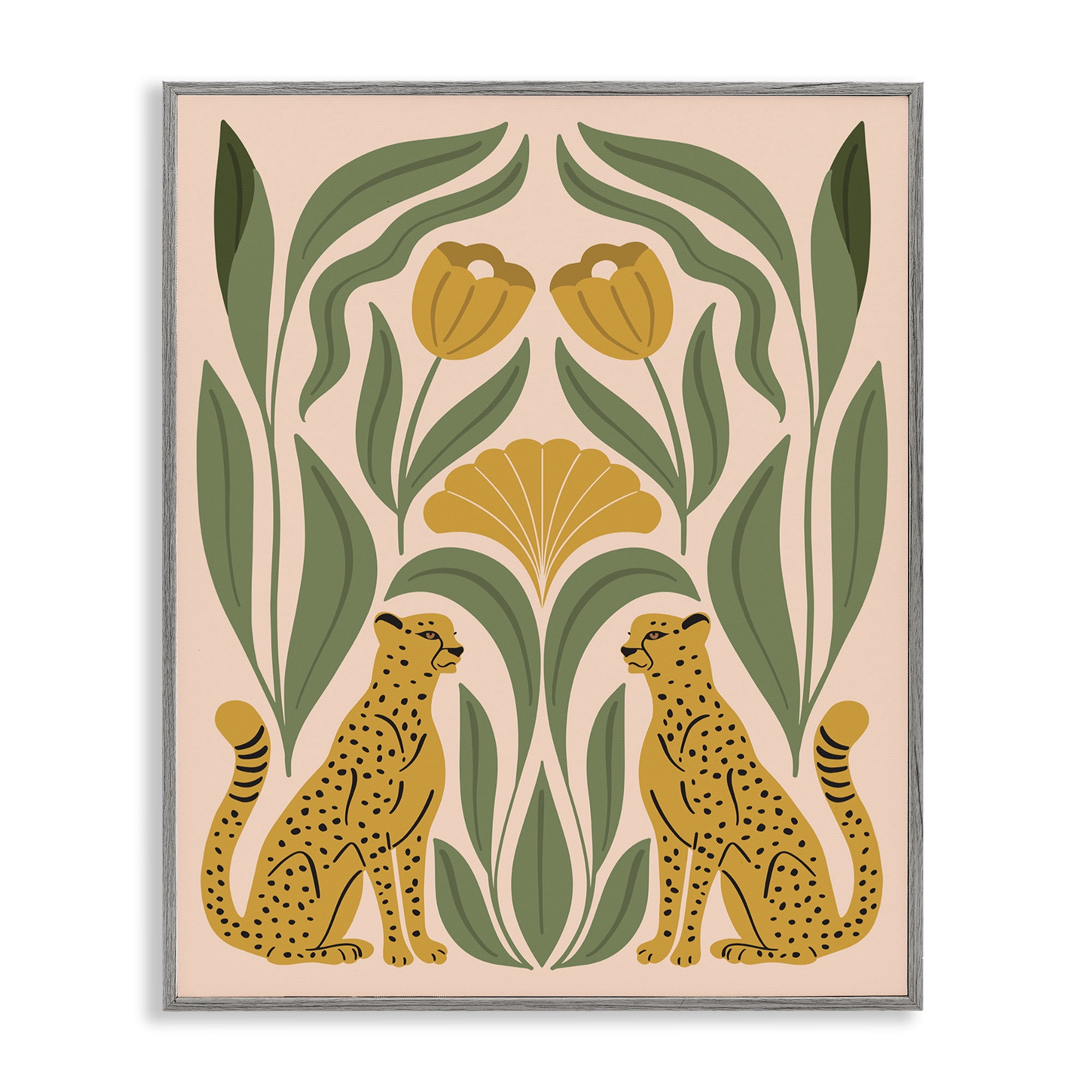 Stupell Industries Boho Chic Mirrored Leopards Plants & Flowers Painting Gray Framed Art Print Wall Art, 24 x 30