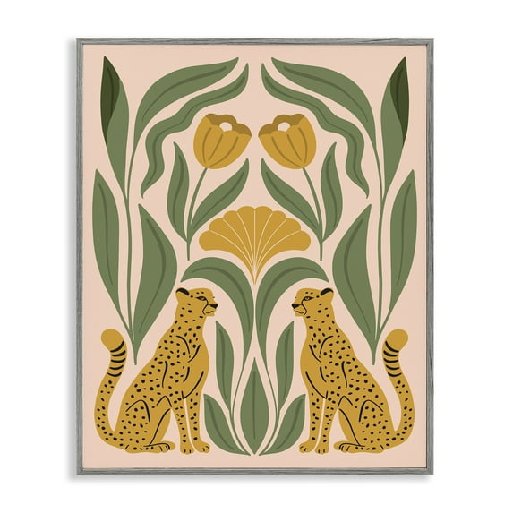 Stupell Industries Boho Chic Mirrored Leopards Plants & Flowers Painting Gray Framed Art Print Wall Art, 24 x 30