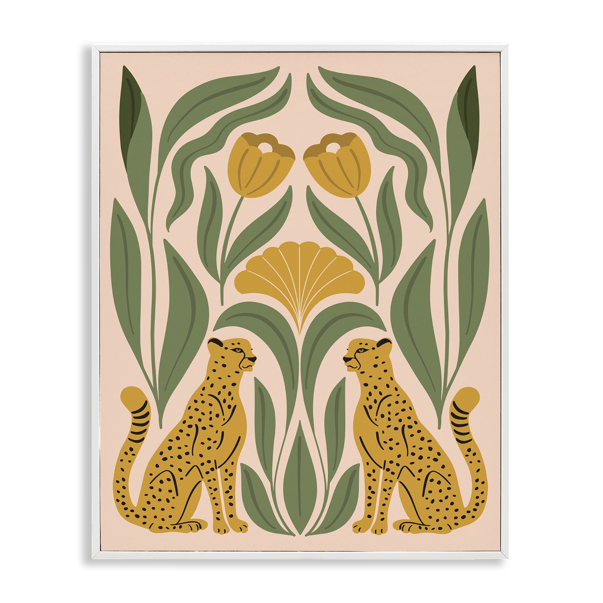 Stupell Industries Boho Chic Mirrored Leopards Plants & Flowers Painting White Framed Art Print Wall Art, 11 x 14