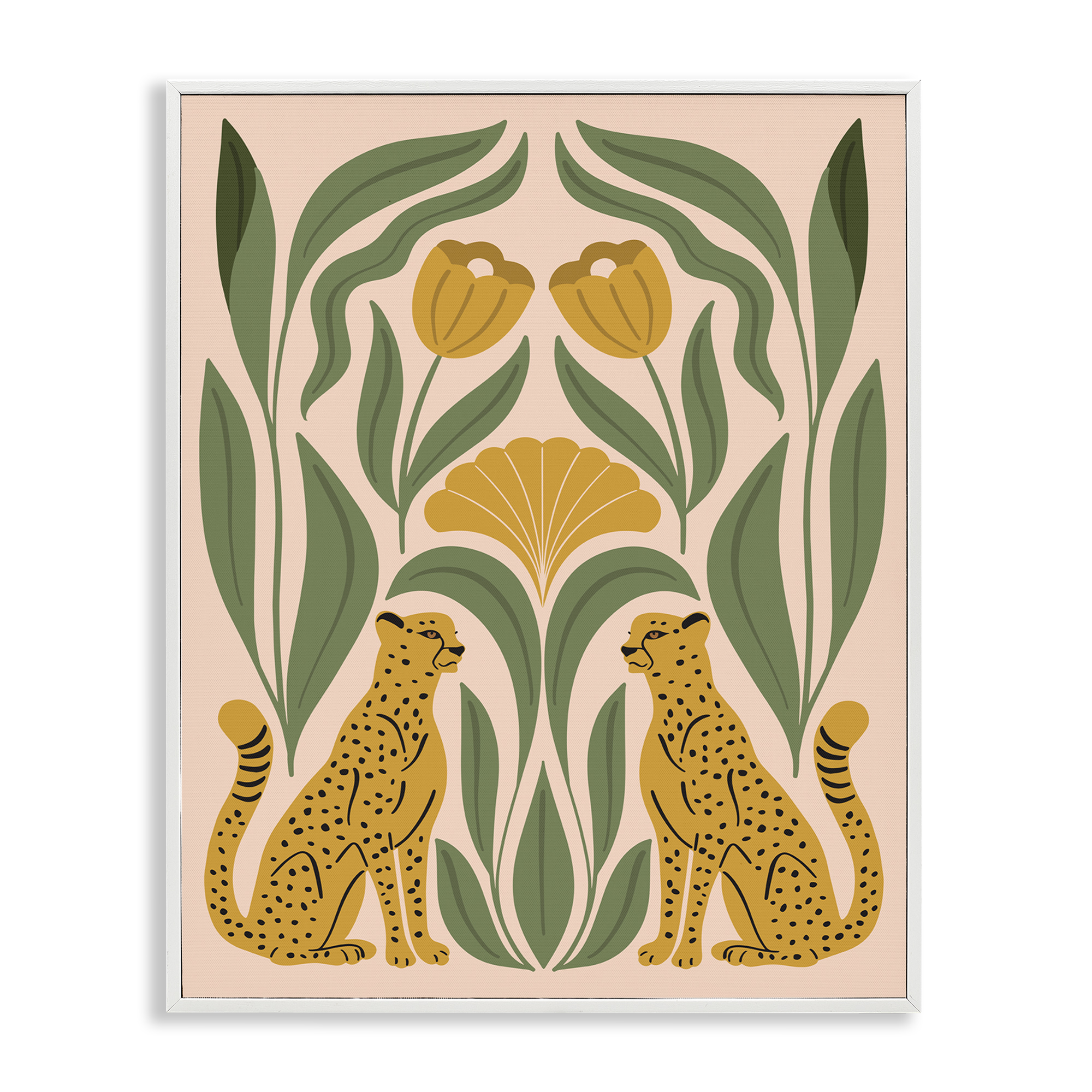 Stupell Industries Boho Chic Mirrored Leopards Plants & Flowers Painting White Framed Art Print Wall Art, 16 x 20