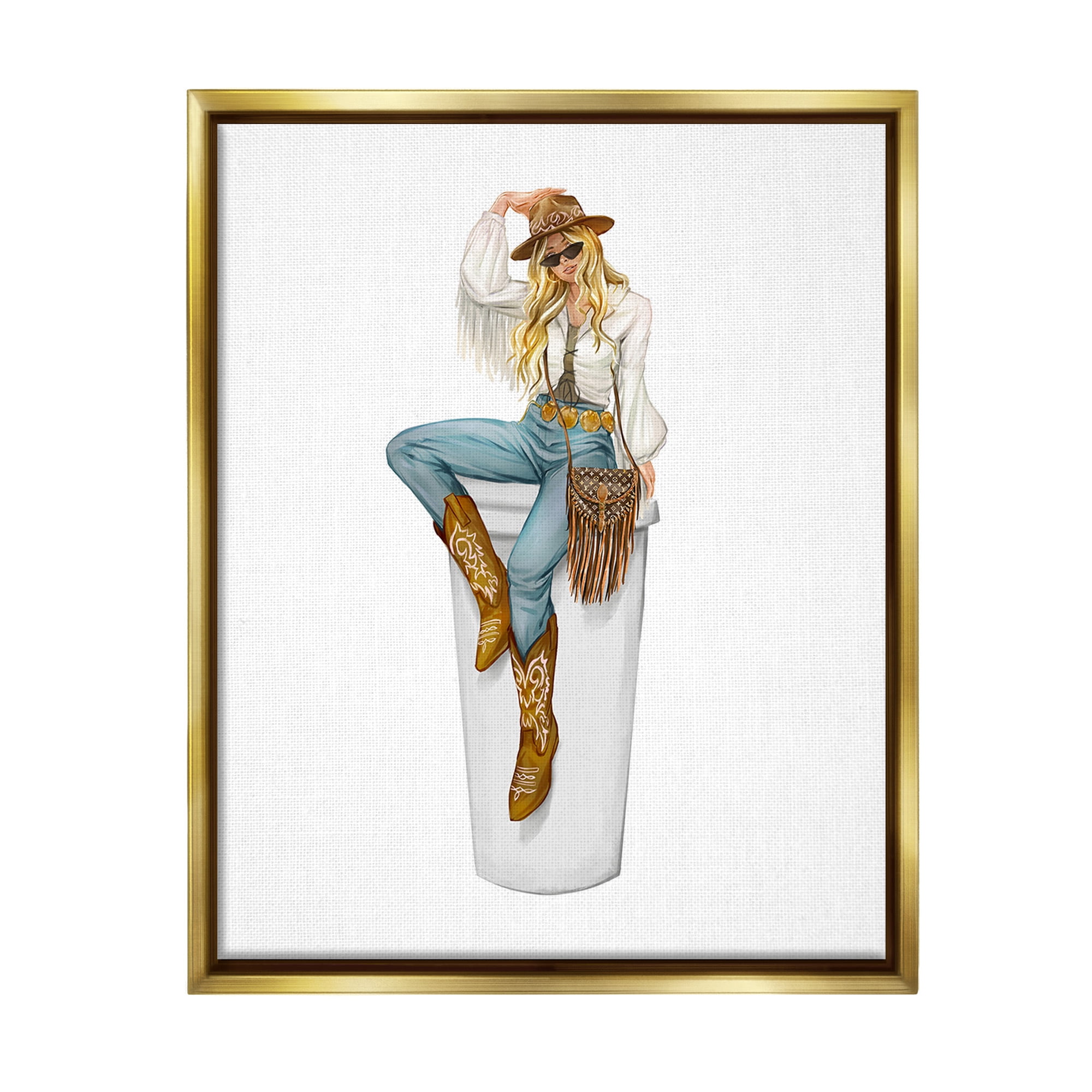 Stupell Industries Boho Cowgirl & Coffee Food & Beverage Painting Gold Floater Framed Canvas Art Print Wall Art, 17 x 21