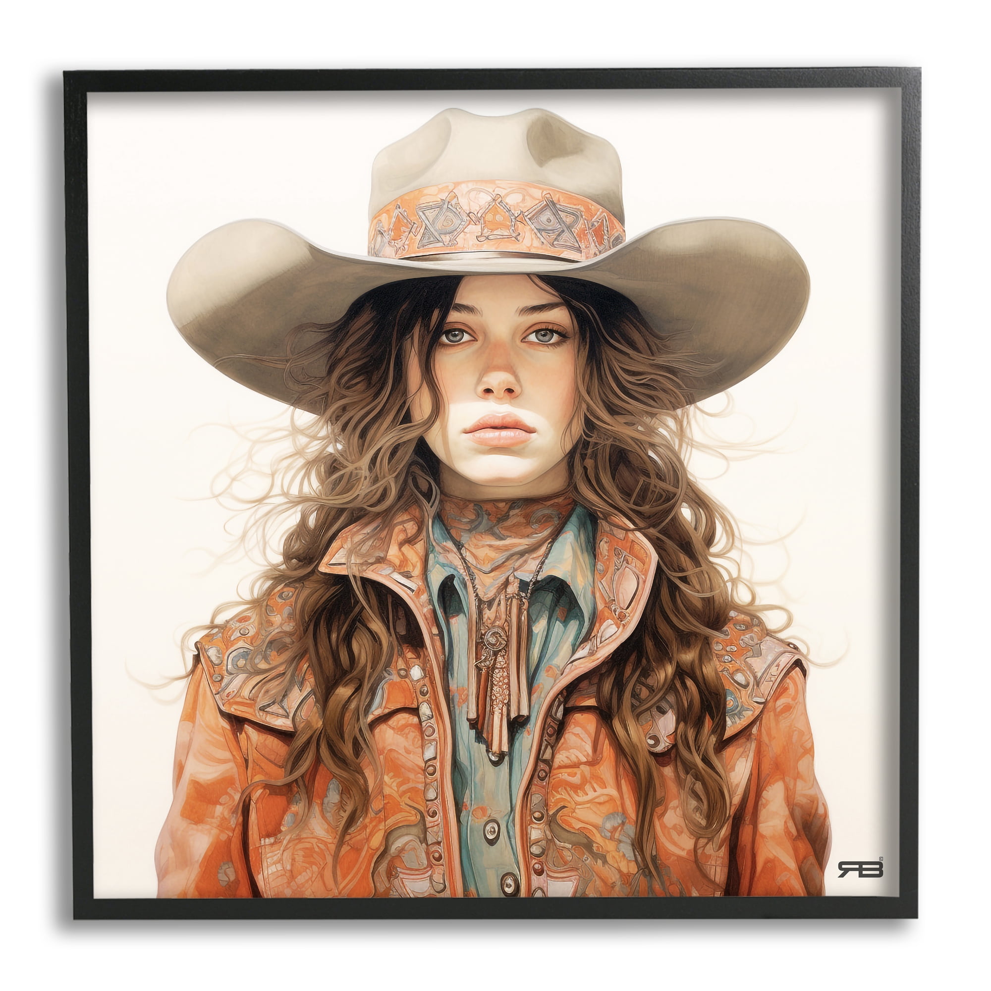 Stupell Industries Boho Cowgirl Paisley Jacket Abstract Painting Black Framed Art Print Wall Art, 17 x 17