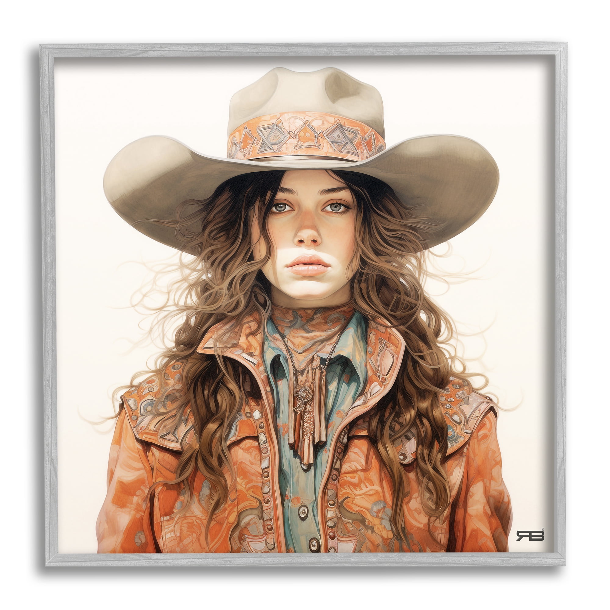 Stupell Industries Boho Cowgirl Paisley Jacket Abstract Painting Gray Framed Art Print Wall Art, 24 x 24