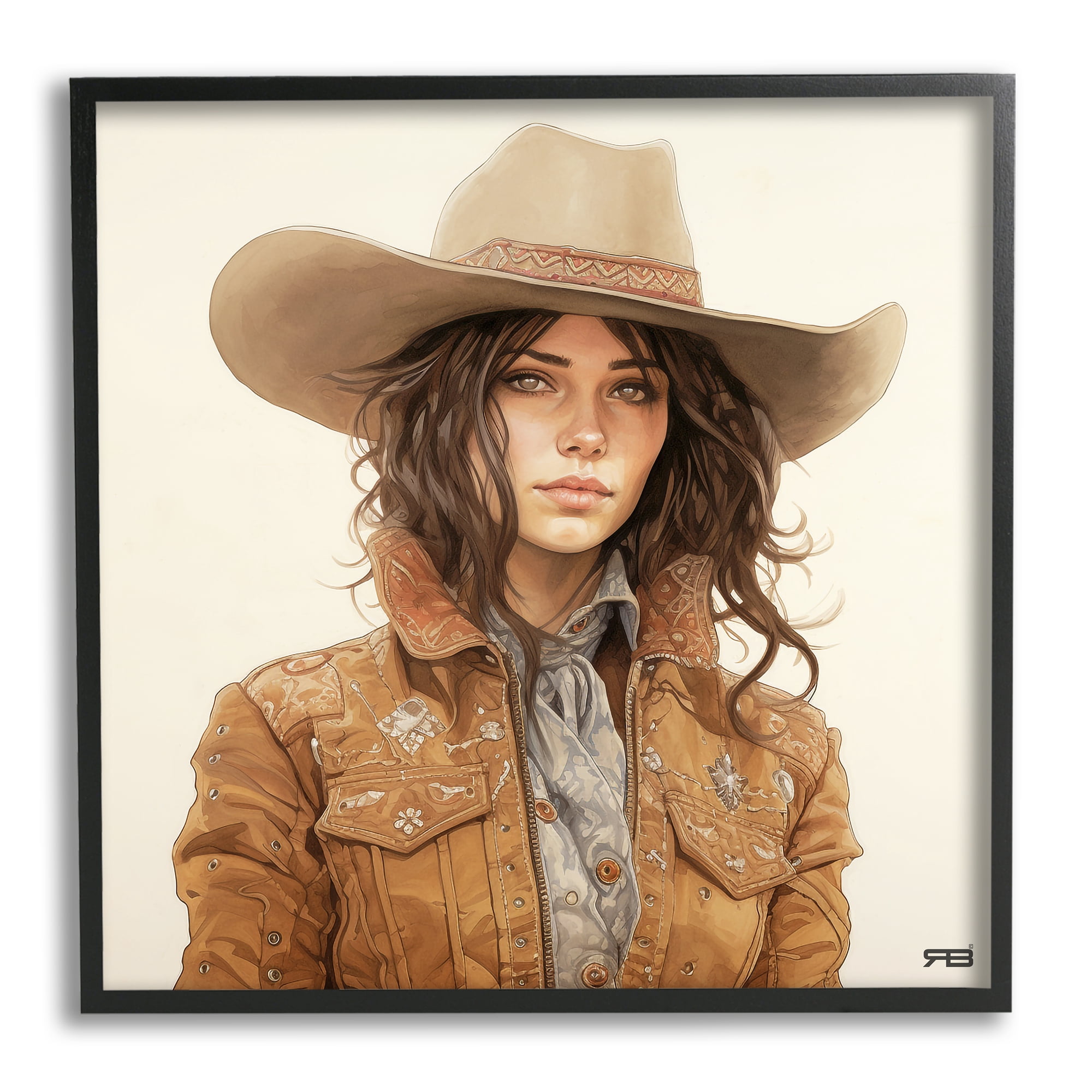 Stupell Industries Boho Cowgirl on Beige Abstract Painting Black Framed Art Print Wall Art, 17 x 17