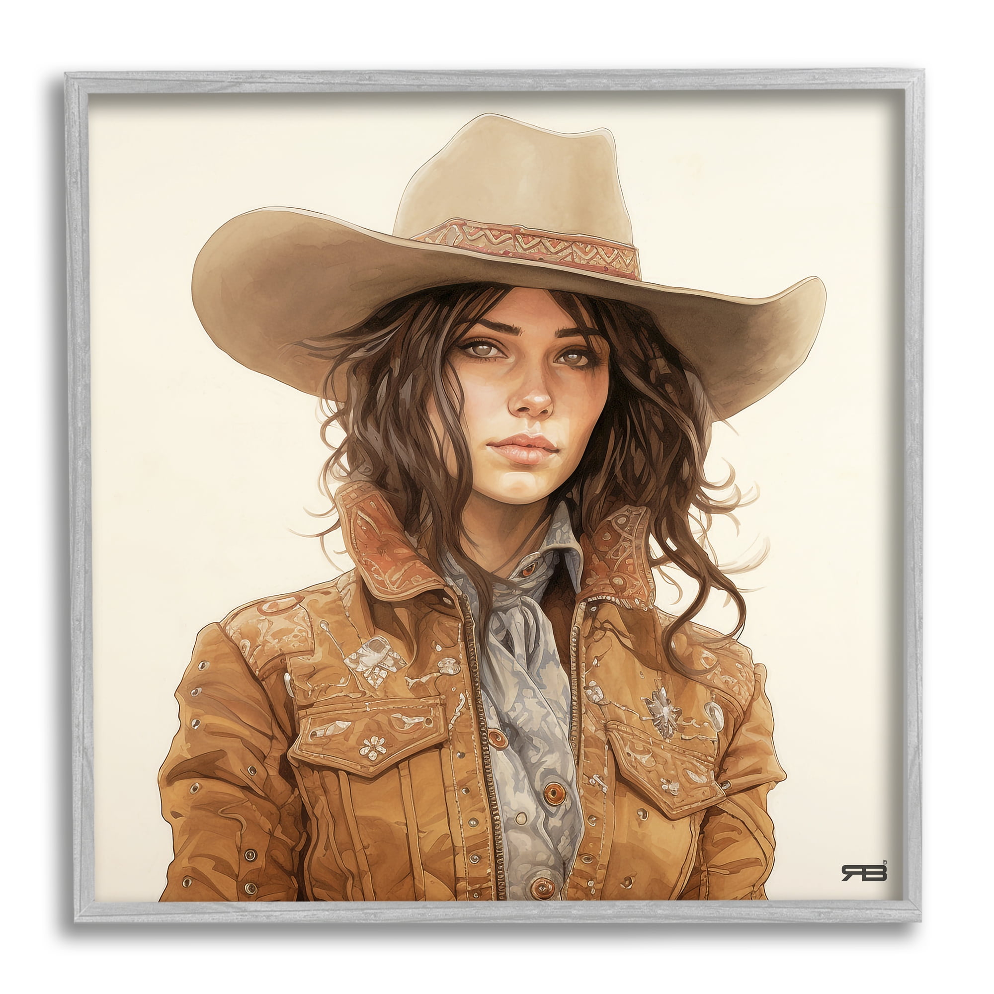 Stupell Industries Boho Cowgirl on Beige Abstract Painting Gray Framed Art Print Wall Art, 17 x 17