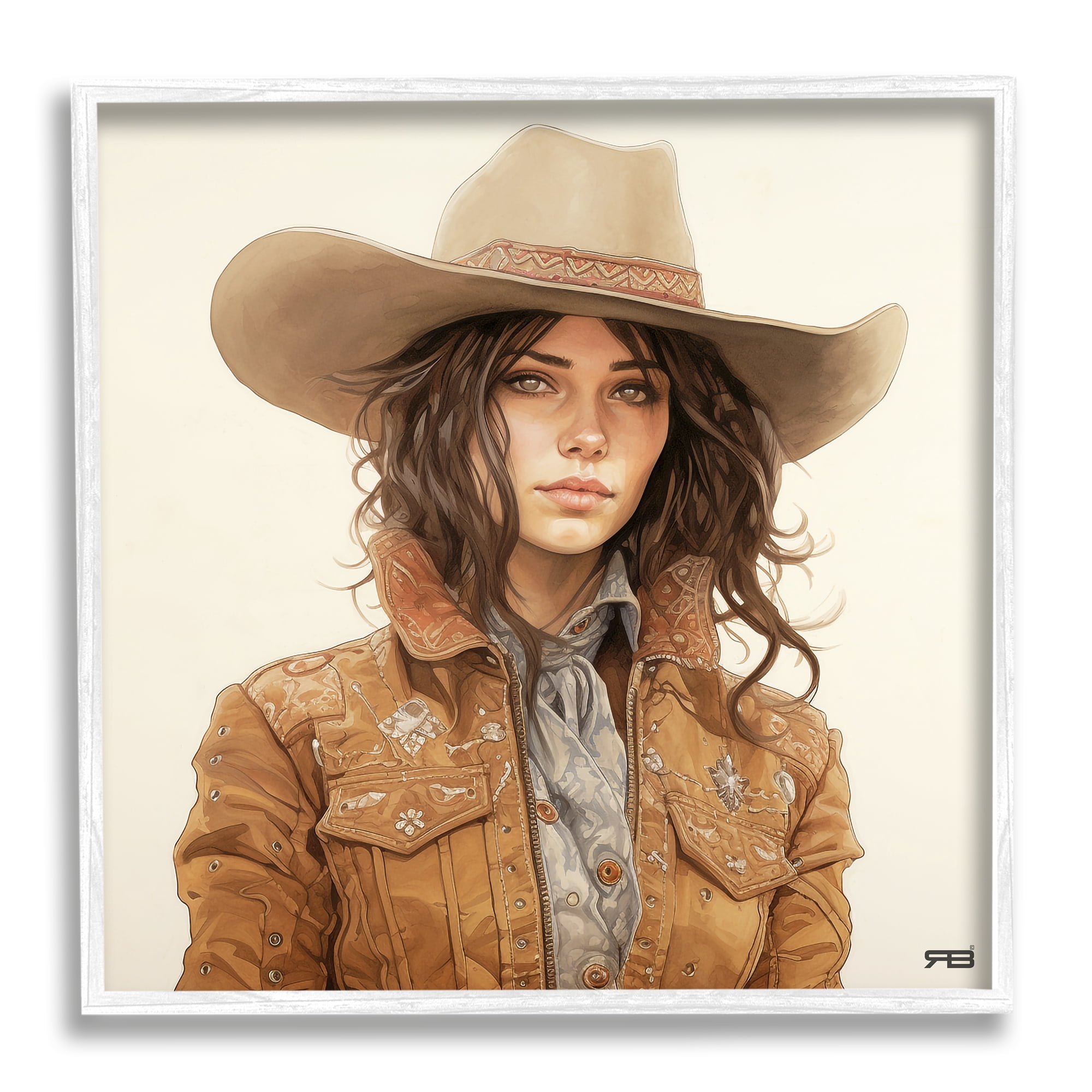 Stupell Industries Boho Cowgirl on Beige Abstract Painting White Framed Art Print Wall Art, 24 x 24