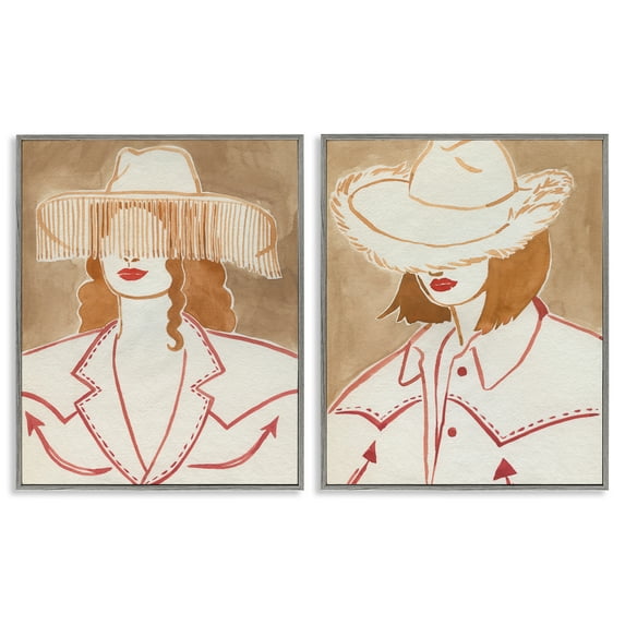 Stupell Industries Boho Cowgirls in Hats People Painting Gray Framed Art Print Wall Art, 24 x 30, Set of 2