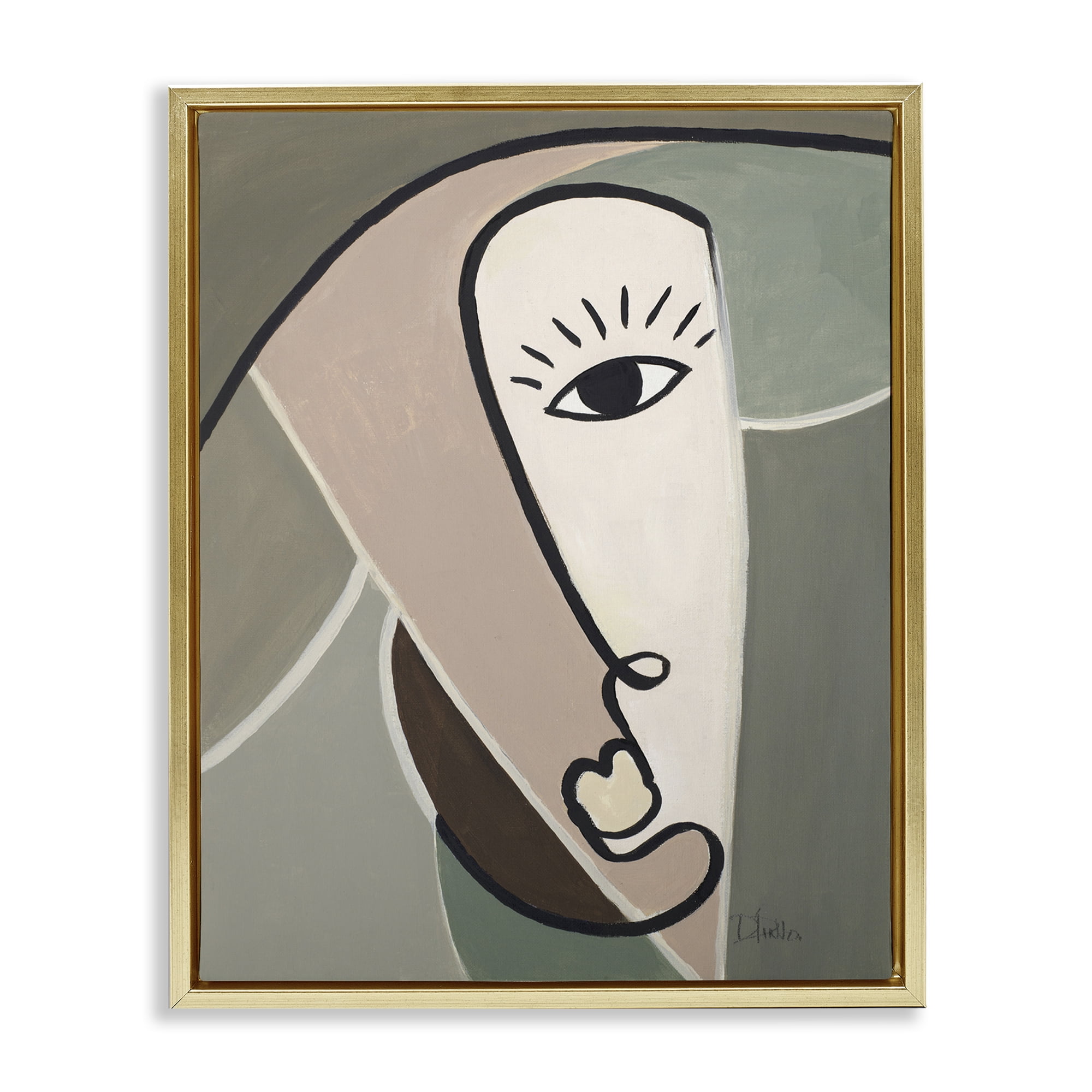 Stupell Industries Boho Cubism Face Abstract Painting Gold Floater Framed Canvas Art Print Wall Art, 25 x 31