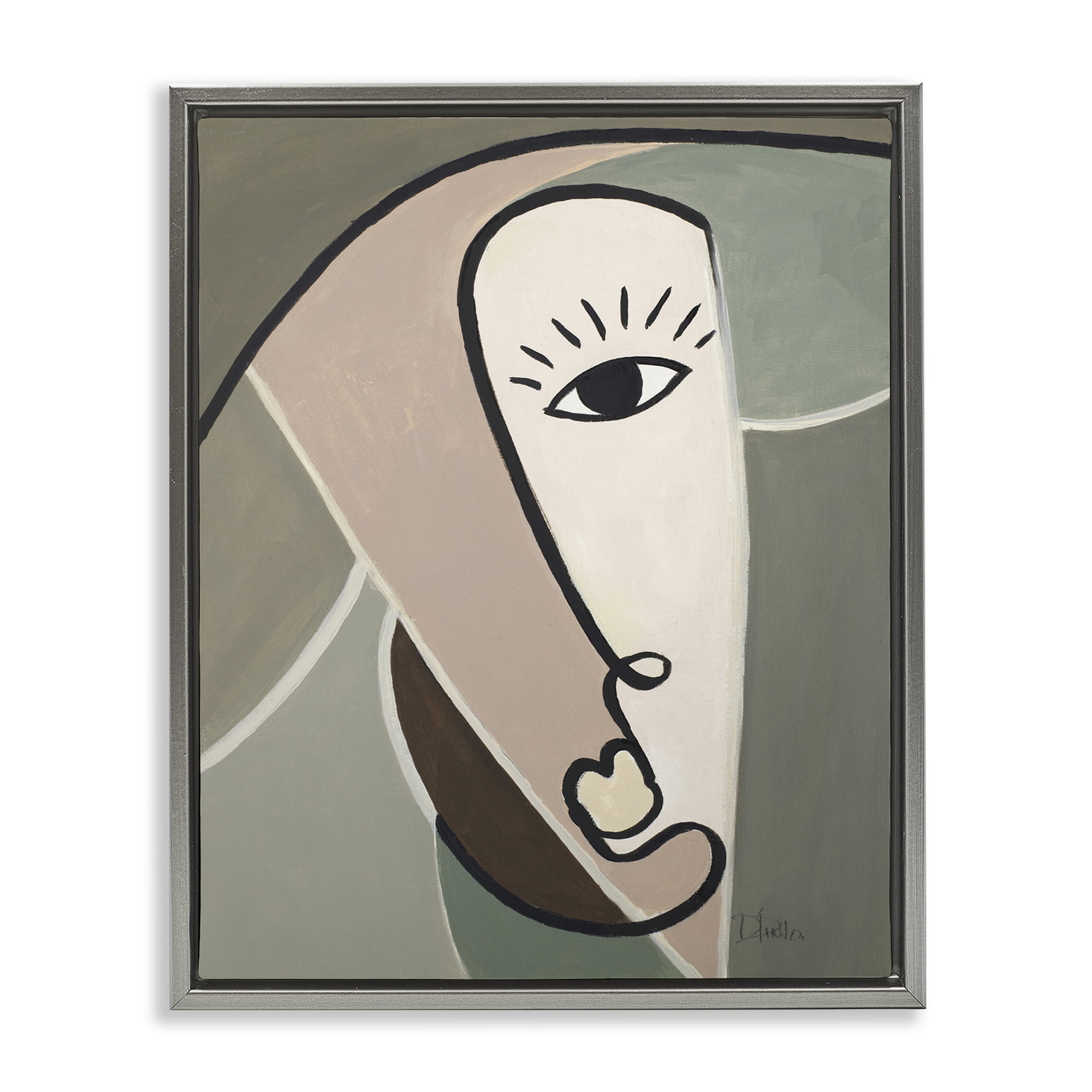 Stupell Industries Boho Cubism Face Abstract Painting Gray Floater Framed Canvas Art Print Wall Art, 17 x 21
