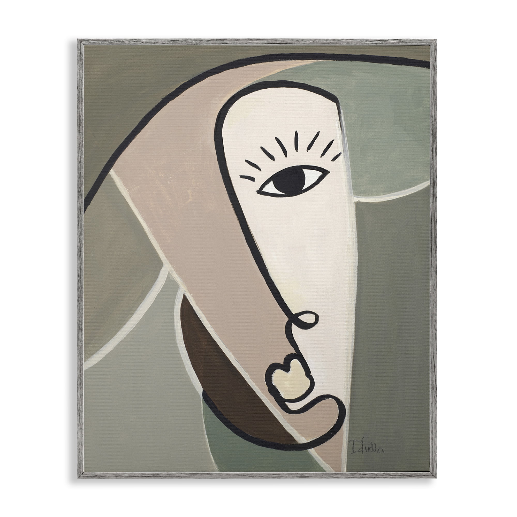 Stupell Industries Boho Cubism Face Abstract Painting Gray Framed Art Print Wall Art, 24 x 30