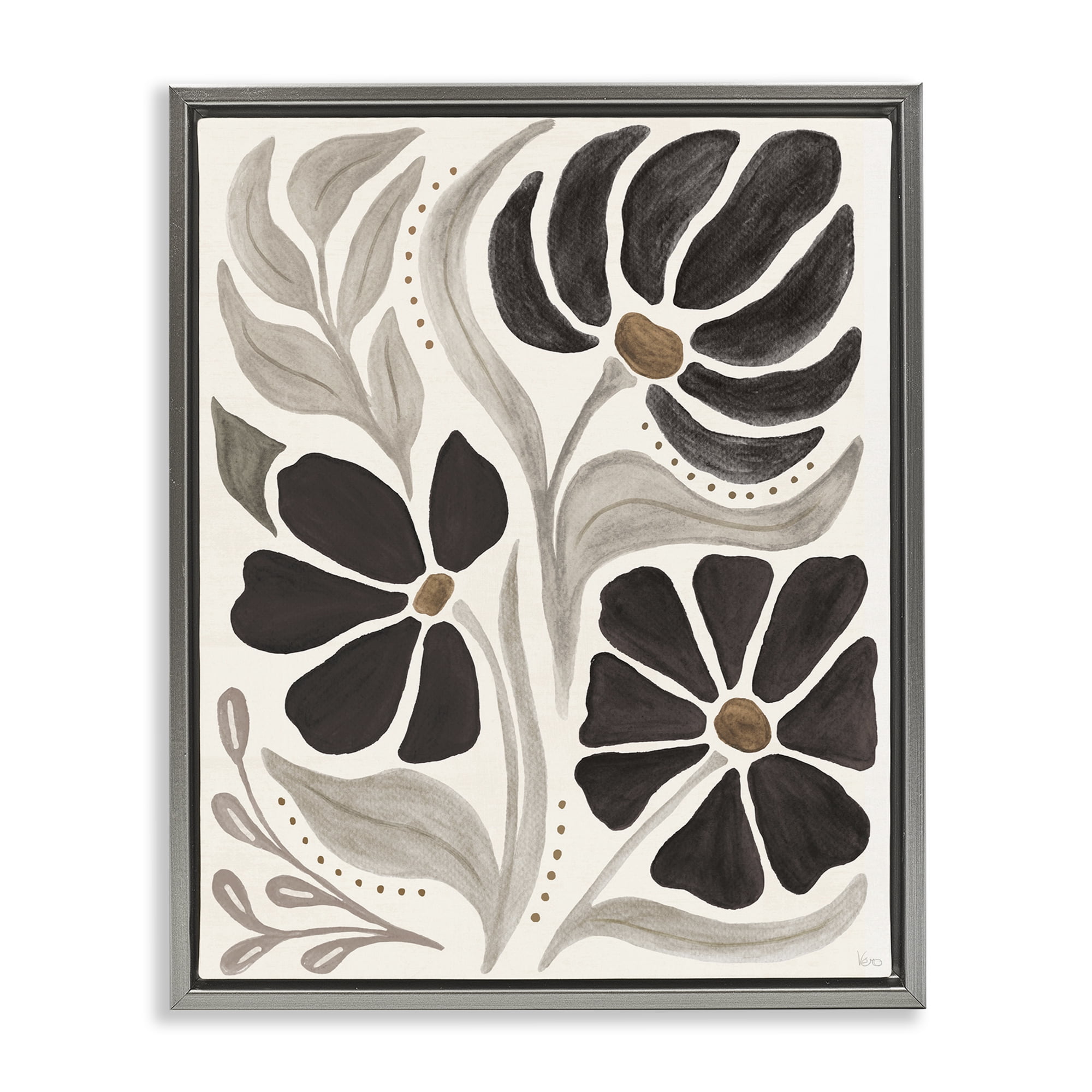 Stupell Industries Boho Curved Petals Botanical & Floral Painting Gray Floater Framed Art Print Wall Art, 17 x 21