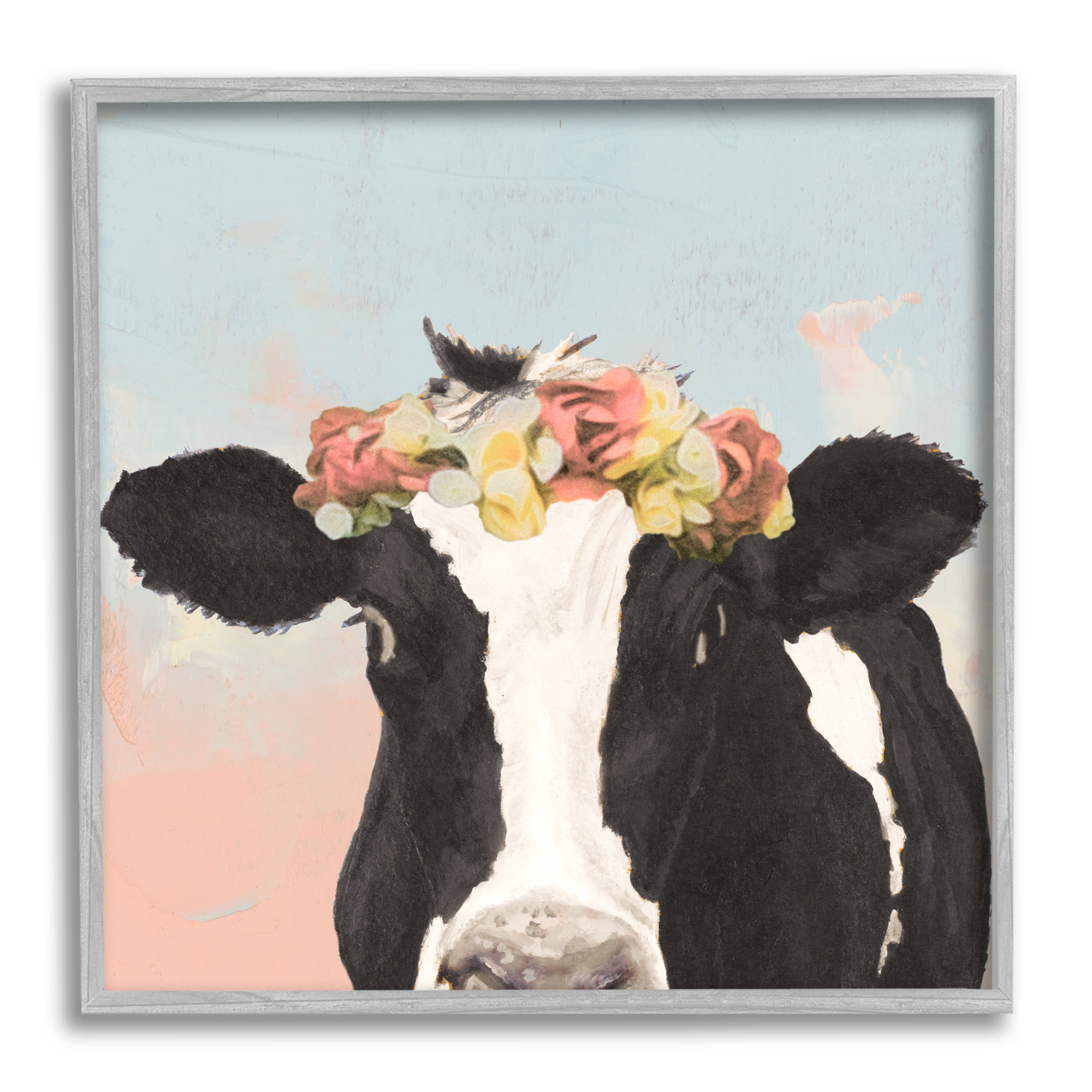 Stupell Industries Boho Dairy Cow Floral Crown Pink Blue Ombre, 12 x 12, Design by Jenny Green