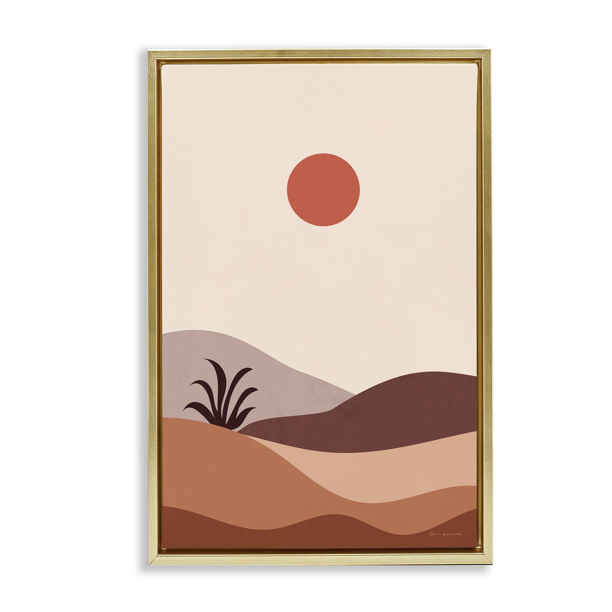 Stupell Industries Boho Desert with Plant Landscape & Nature Painting Gold Floater Framed Canvas Art Print Wall Art, 21 x 31