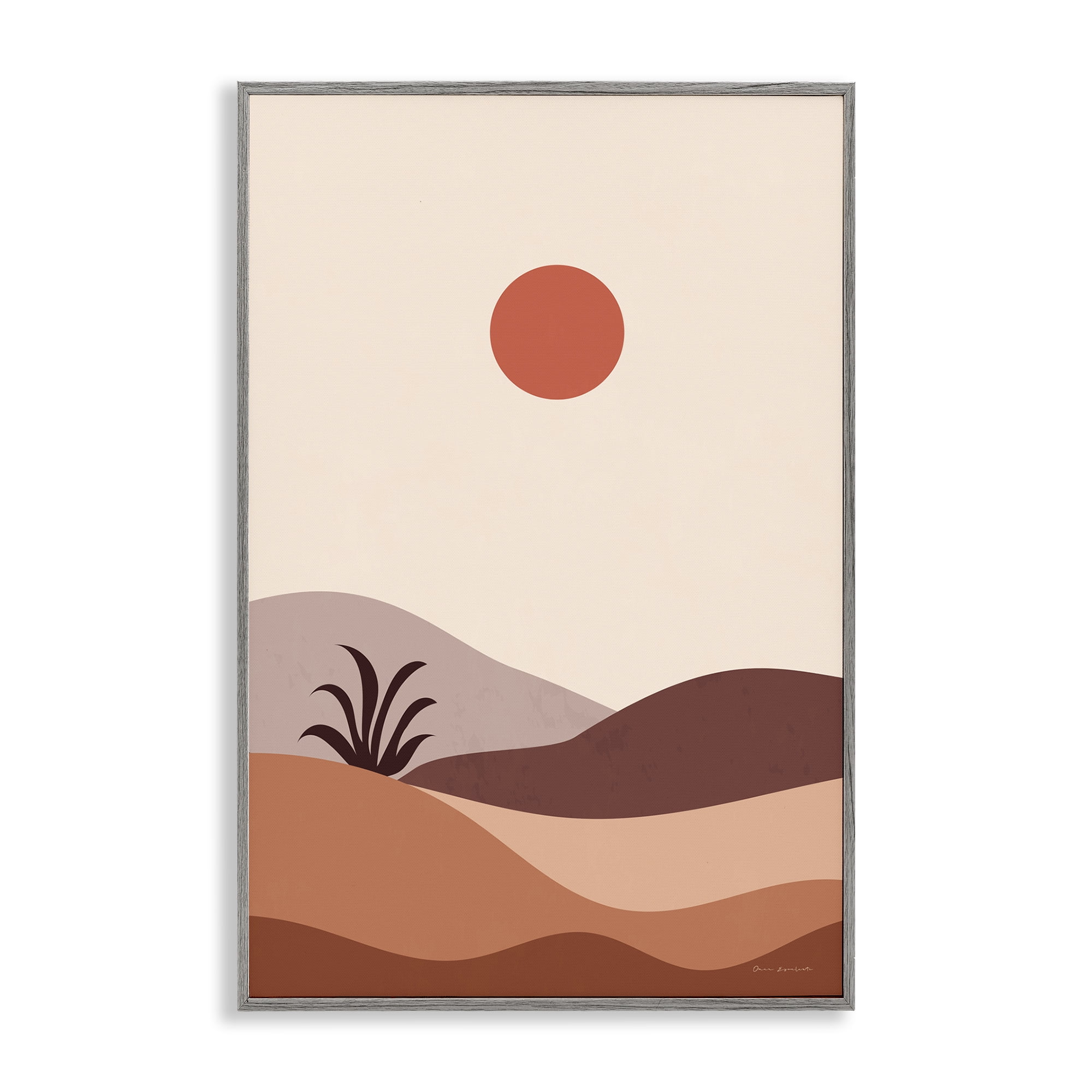 Stupell Industries Boho Desert with Plant Landscape & Nature Painting Gray Framed Art Print Wall Art, 12 x 18