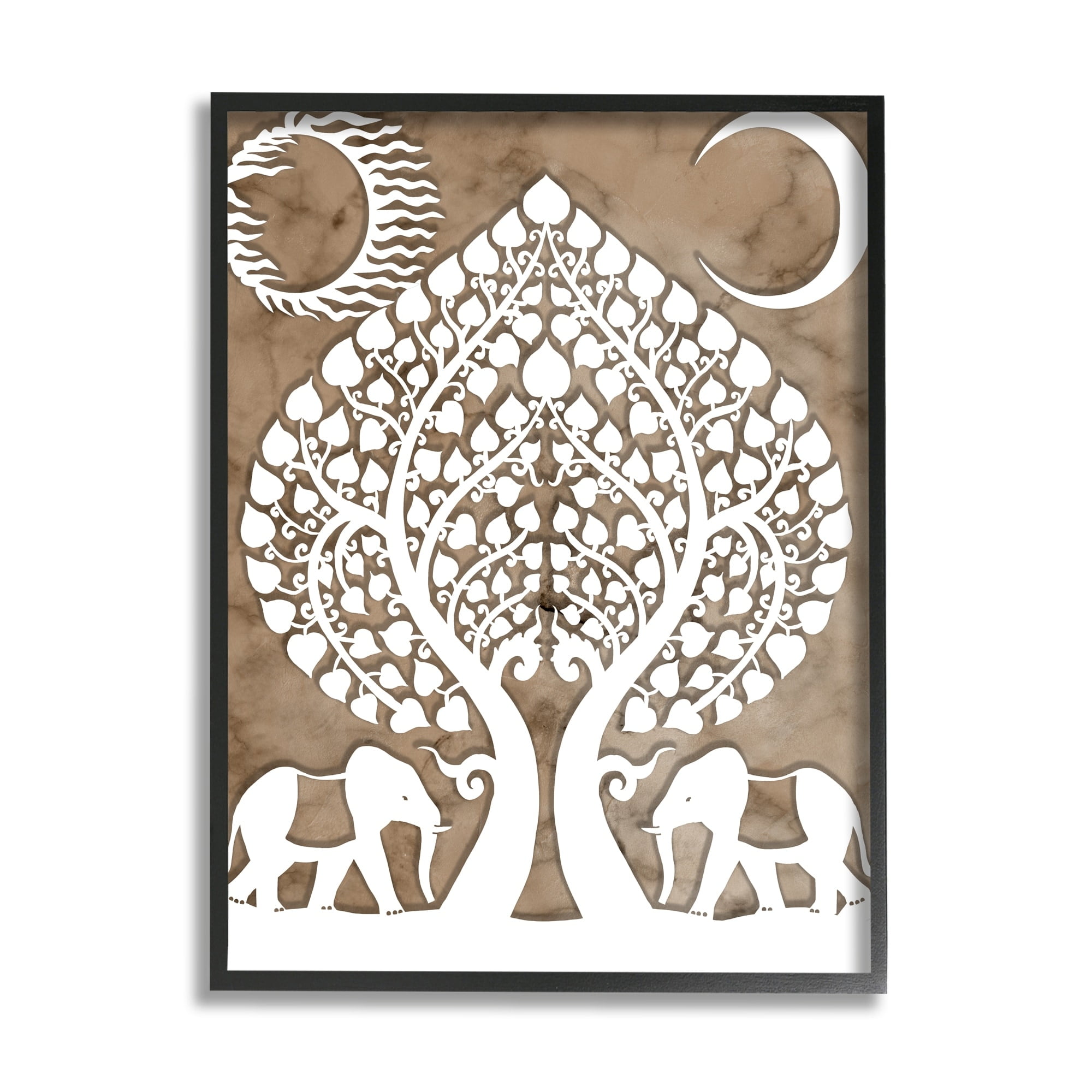 Stupell Industries Boho Elephants Tree of Life Abstract Sun Moon Graphic Art Black Framed Art Print Wall Art, 24x30, by Daphne Polselli