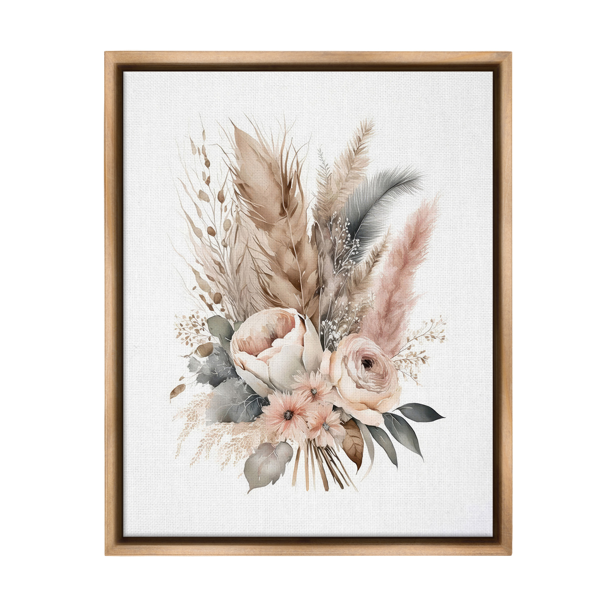 Stupell Industries Boho Feather Bouquet Botanical & Floral Painting Brown Floater Framed Canvas Art Print Wall Art, 25 x 31