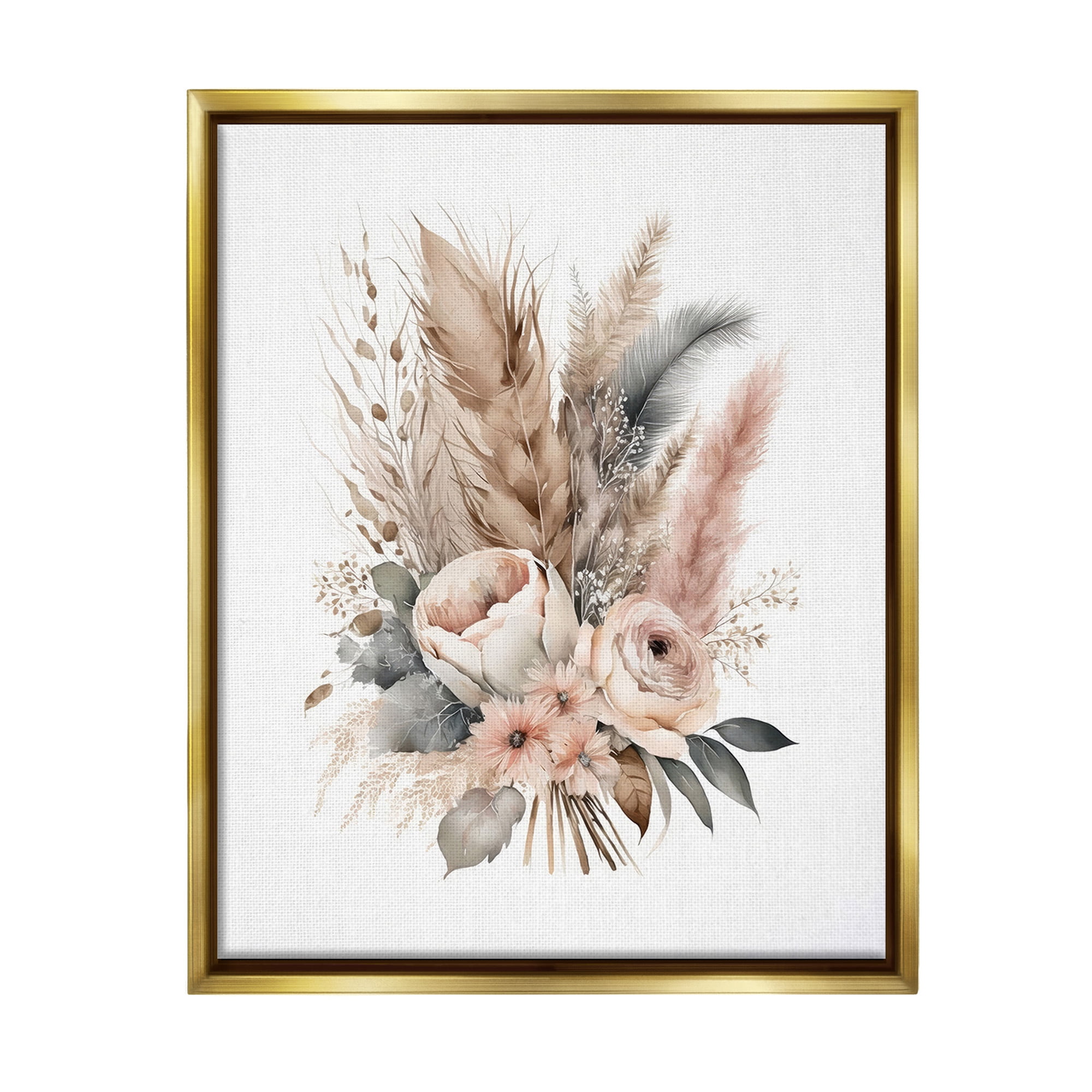 Stupell Industries Boho Feather Bouquet Botanical & Floral Painting Gold Floater Framed Canvas Art Print Wall Art, 25 x 31