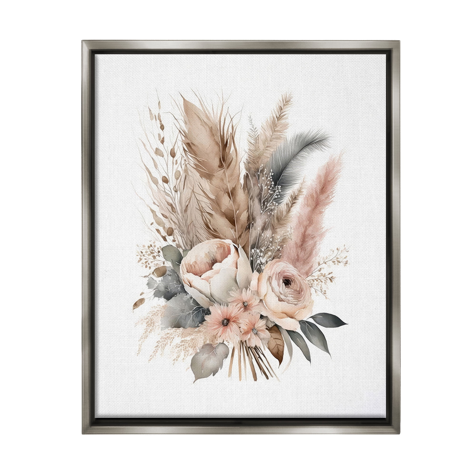 Stupell Industries Boho Feather Bouquet Botanical & Floral Painting Gray Floater Framed Canvas Art Print Wall Art, 17 x 21