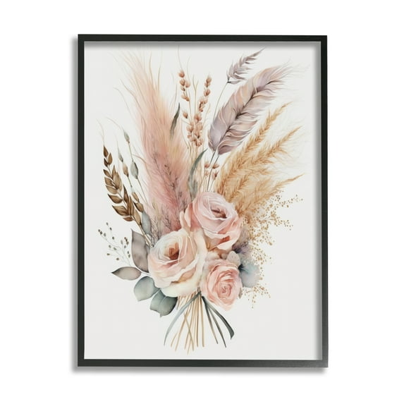 Stupell Industries Boho Feathers & Roses Botanical & Floral Painting Black Framed Art Print Wall Art, 11 x 14