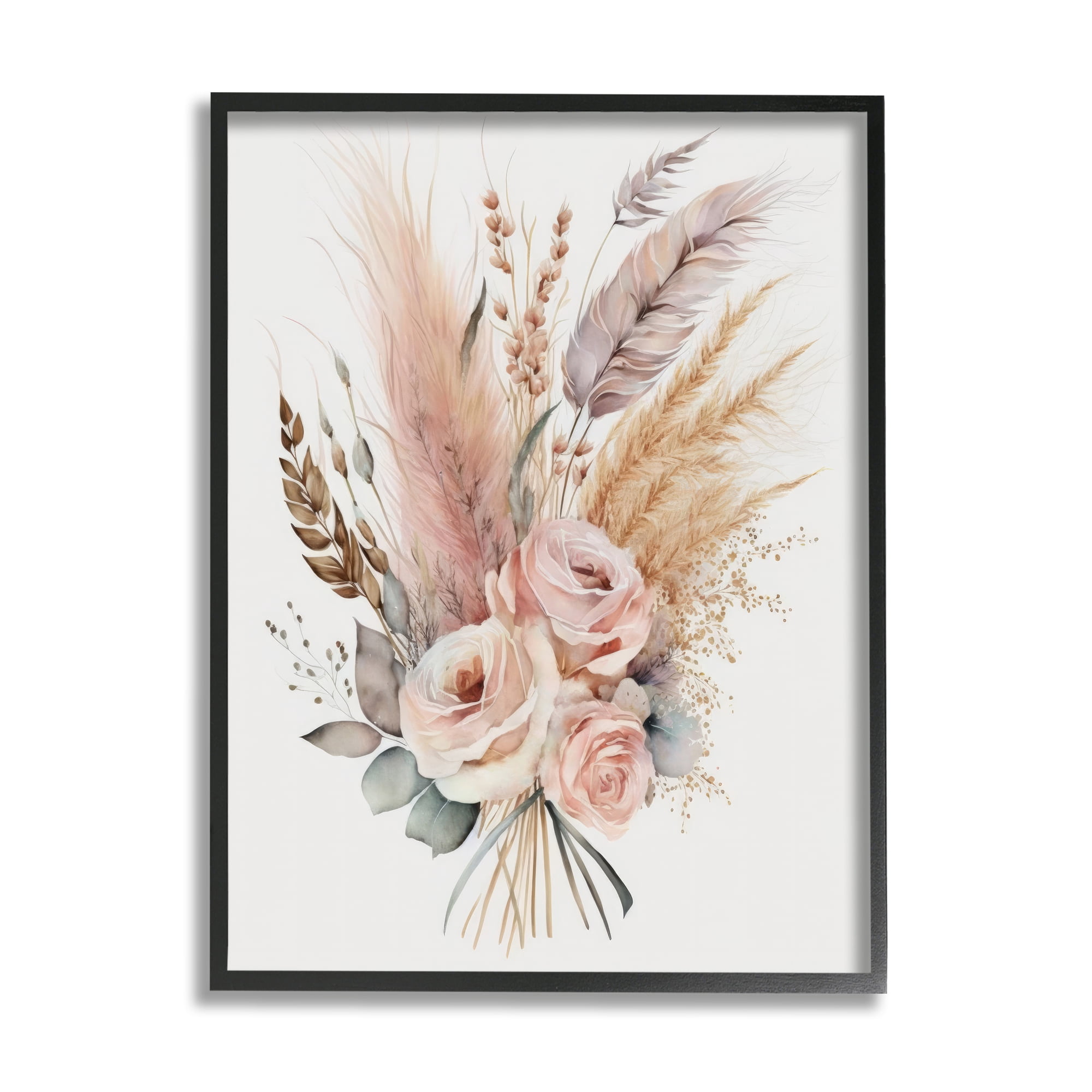 Stupell Industries Boho Feathers & Roses Botanical & Floral Painting Black Framed Art Print Wall Art, 24 x 30