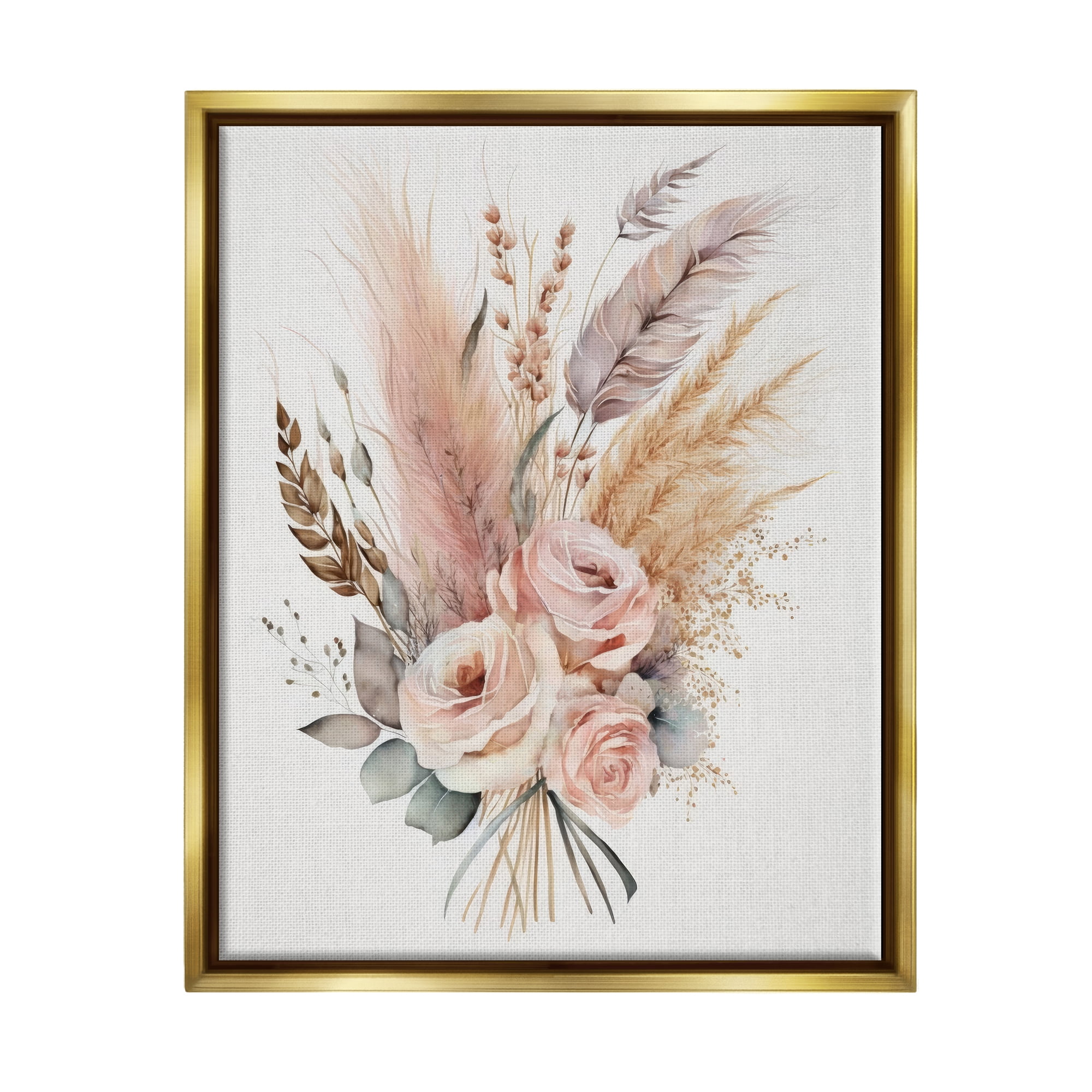 Stupell Industries Boho Feathers & Roses Botanical & Floral Painting Gold Floater Framed Canvas Art Print Wall Art, 25 x 31
