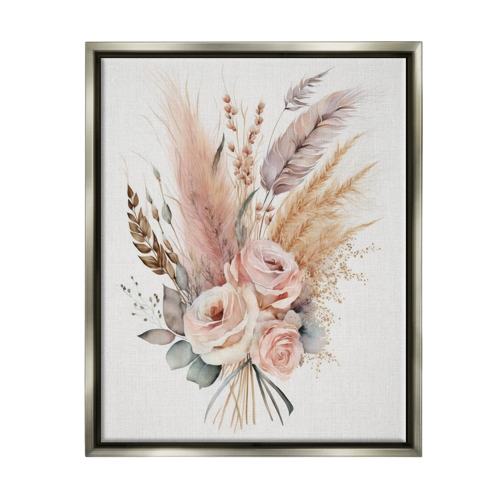 Stupell Industries Boho Feathers & Roses Botanical & Floral Painting Gray Floater Framed Canvas Art Print Wall Art, 17 x 21