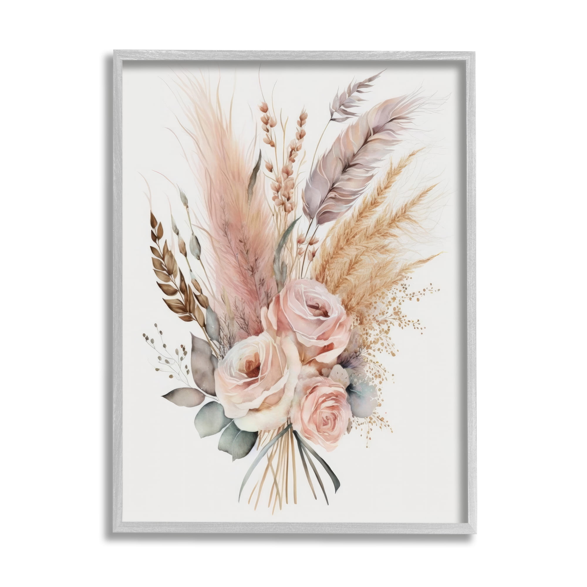 Stupell Industries Boho Feathers & Roses Botanical & Floral Painting Gray Framed Art Print Wall Art, 24 x 30