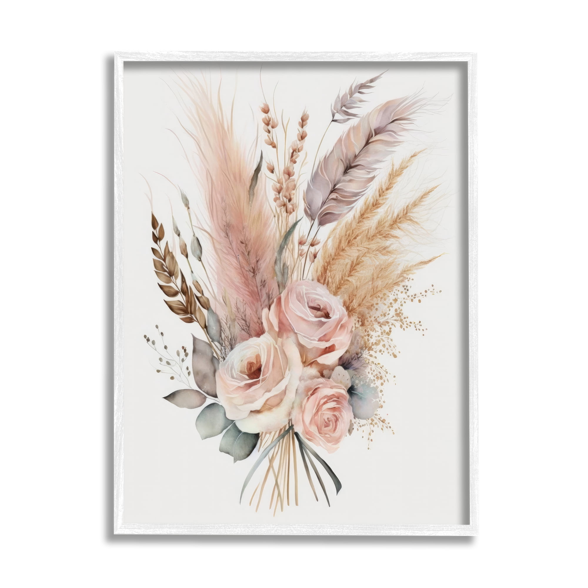 Stupell Industries Boho Feathers & Roses Botanical & Floral Painting White Framed Art Print Wall Art, 24 x 30