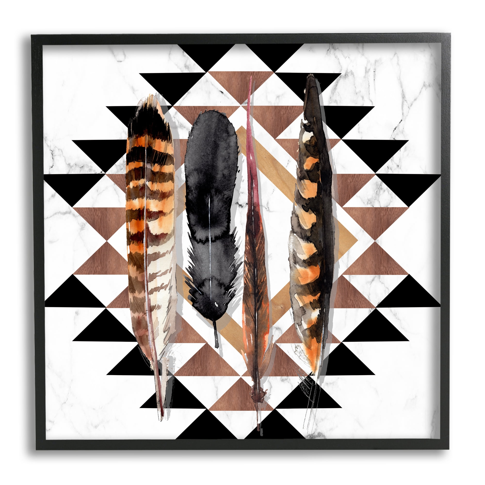 Stupell Industries Boho Feathers on Geometric Animals & Insects Painting Black Framed Art Print Wall Art, 17 x 17