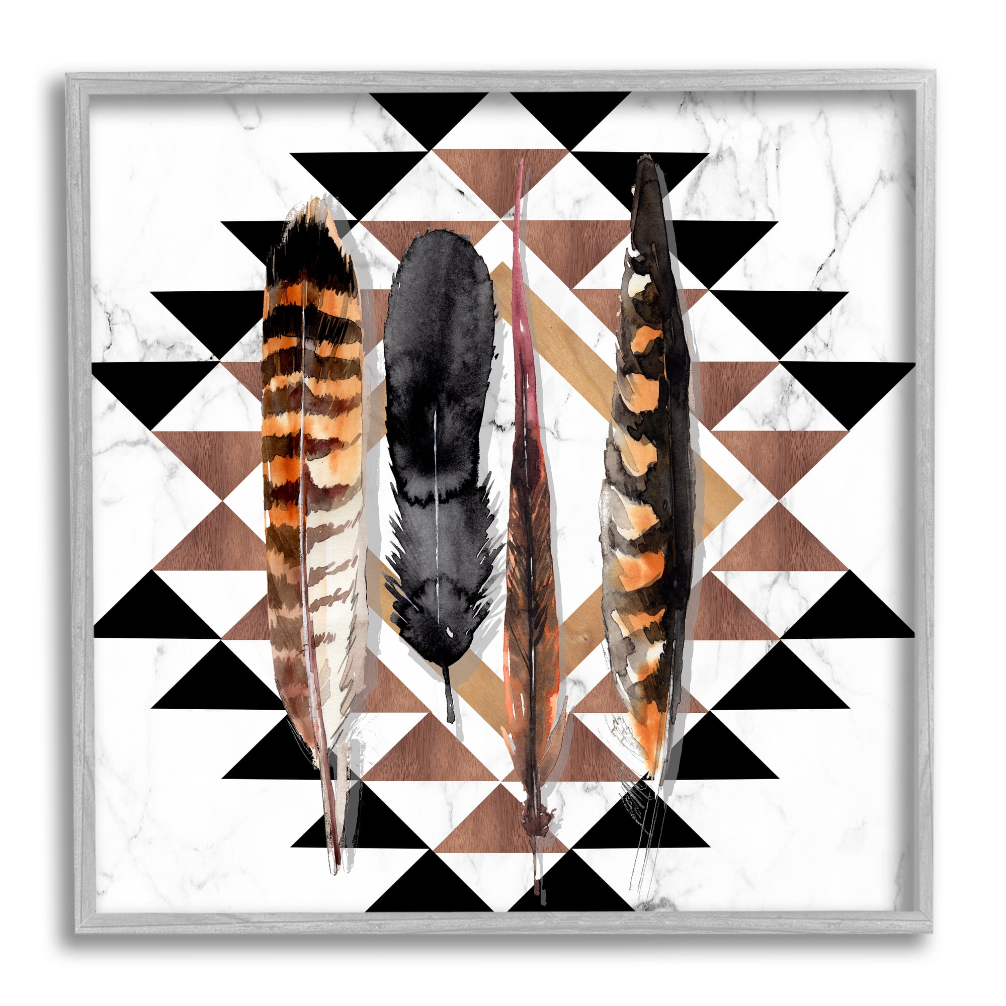Stupell Industries Boho Feathers on Geometric Animals & Insects Painting Gray Framed Art Print Wall Art, 24 x 24
