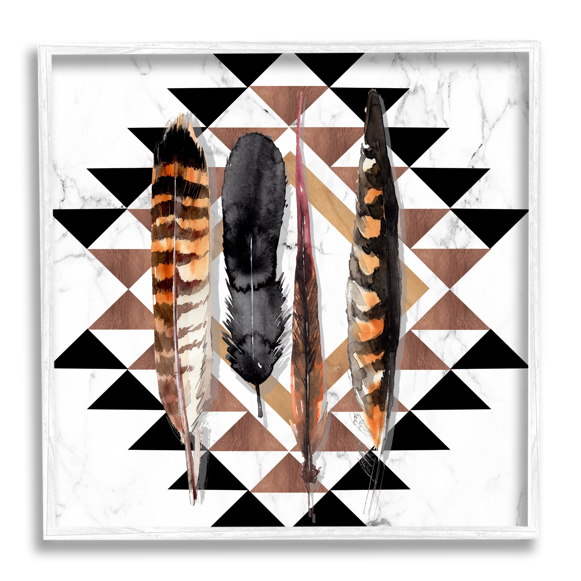 Stupell Industries Boho Feathers on Geometric Animals & Insects Painting White Framed Art Print Wall Art, 12 x 12