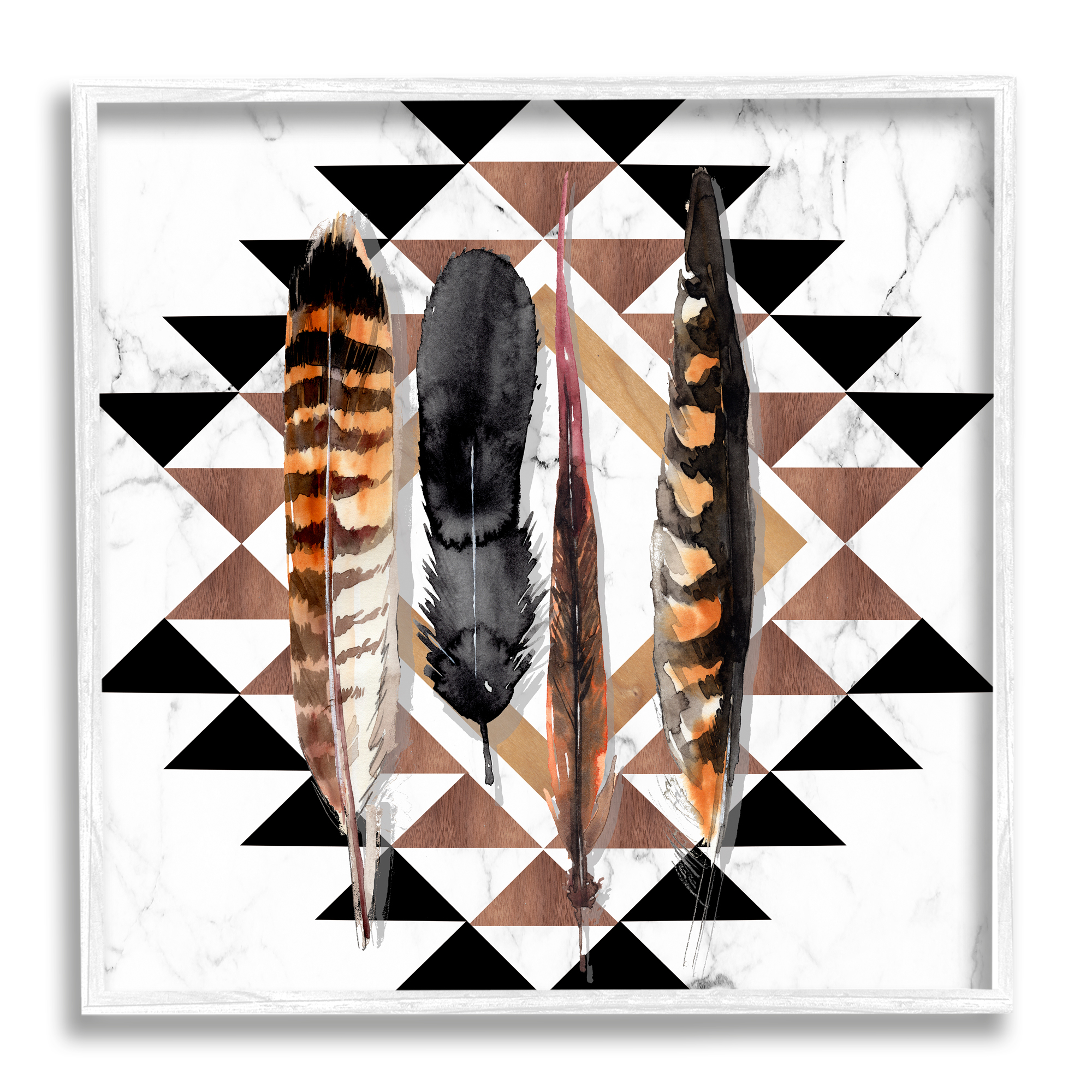 Stupell Industries Boho Feathers on Geometric Animals & Insects Painting White Framed Art Print Wall Art, 24 x 24