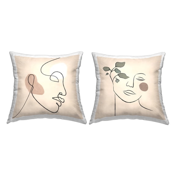 Stupell Industries Boho Female Portrait Line Drawing Plant Glam Beige, 18 x 7 x 18, Decorative Pillows, (Set of 2)