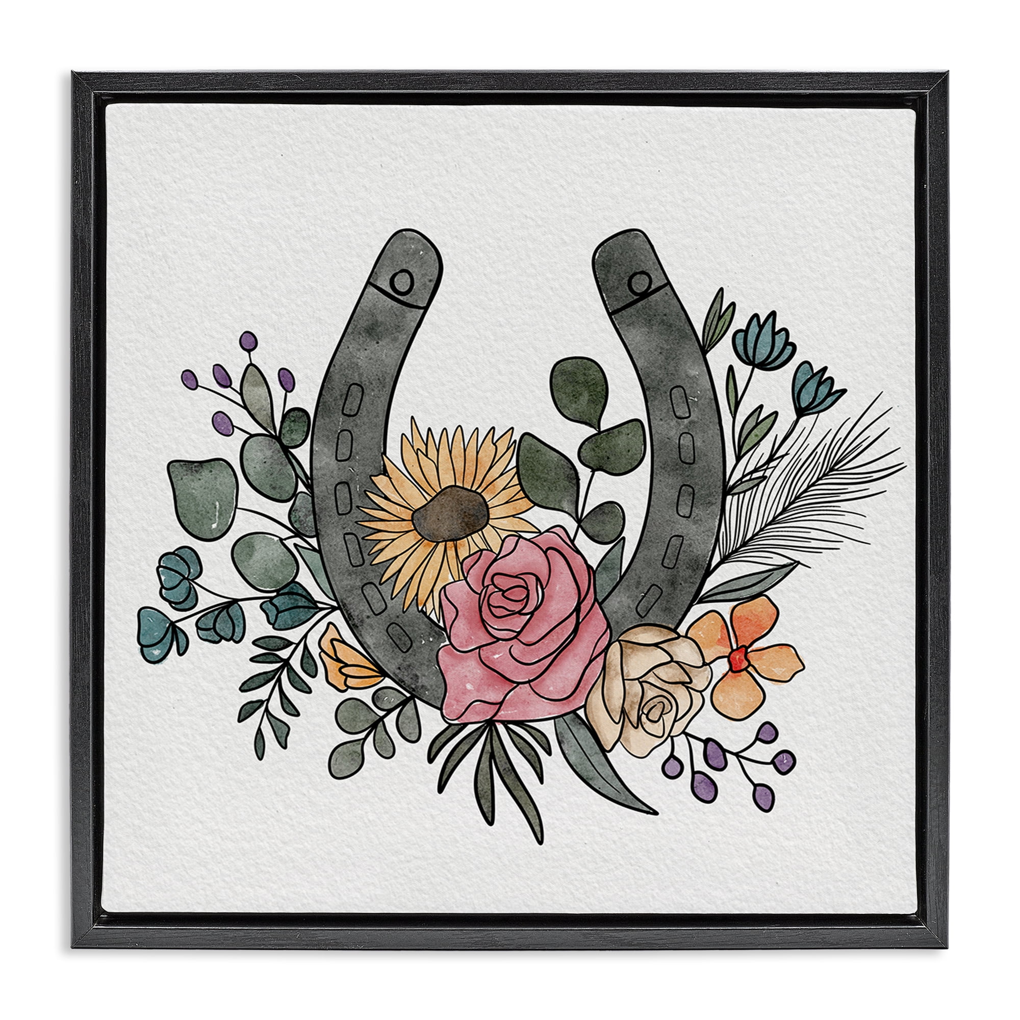 Stupell Industries Boho Floral Horseshoe Black Framed Floater Canvas Wall Art, design by Alisha Kiara Design