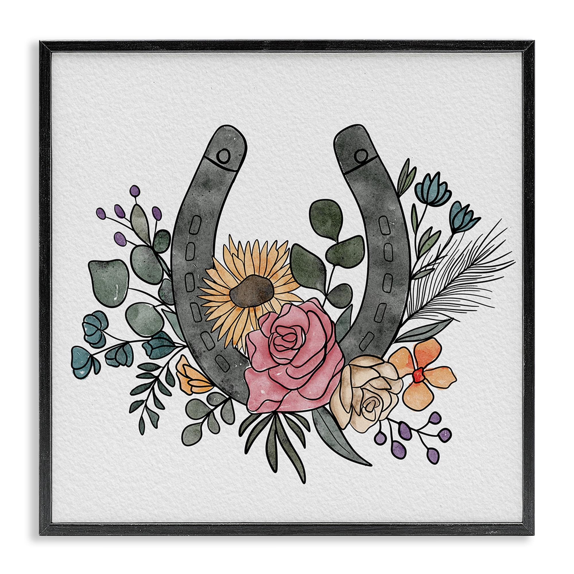 Stupell Industries Boho Floral Horseshoe Black Framed Giclee Art, design by Alisha Kiara Design