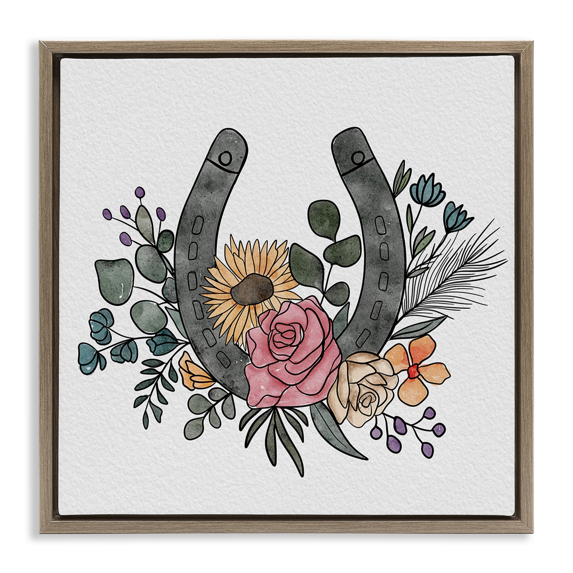 Stupell Industries Boho Floral Horseshoe Brown Framed Floater Canvas Wall Art, design by Alisha Kiara Design