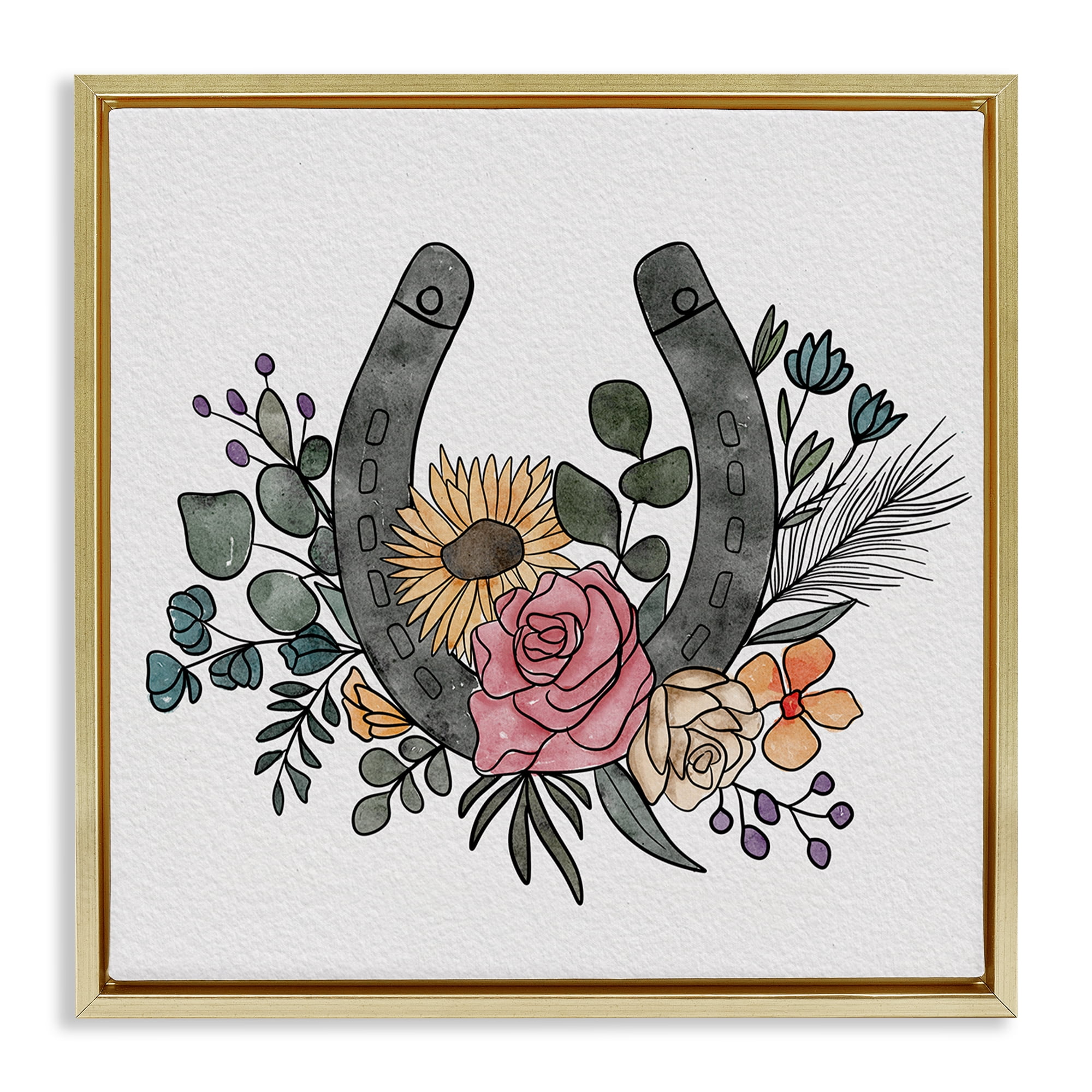 Stupell Industries Boho Floral Horseshoe Gold Framed Floater Canvas Wall Art, design by Alisha Kiara Design