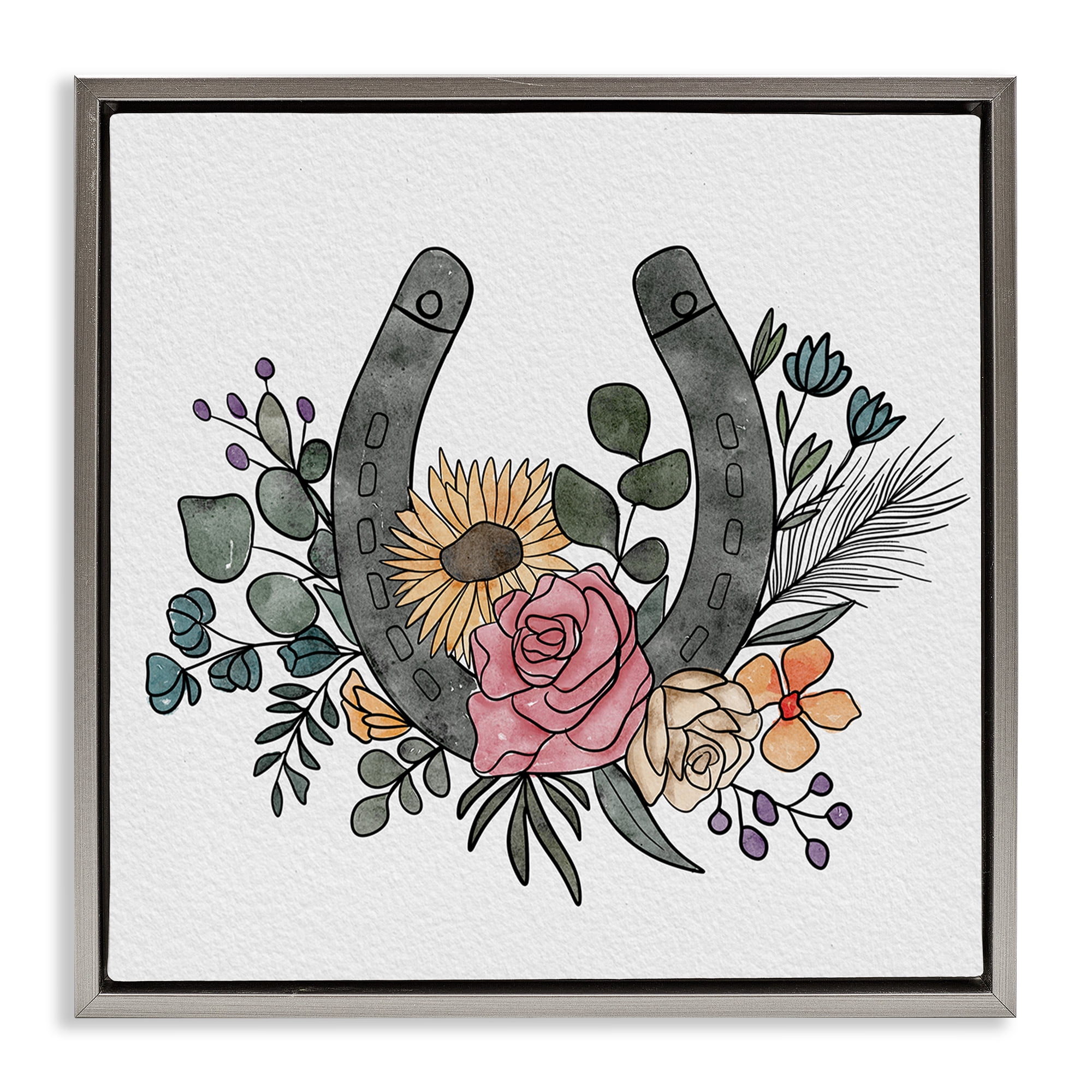 Stupell Industries Boho Floral Horseshoe Gray Framed Floater Canvas Wall Art, design by Alisha Kiara Design