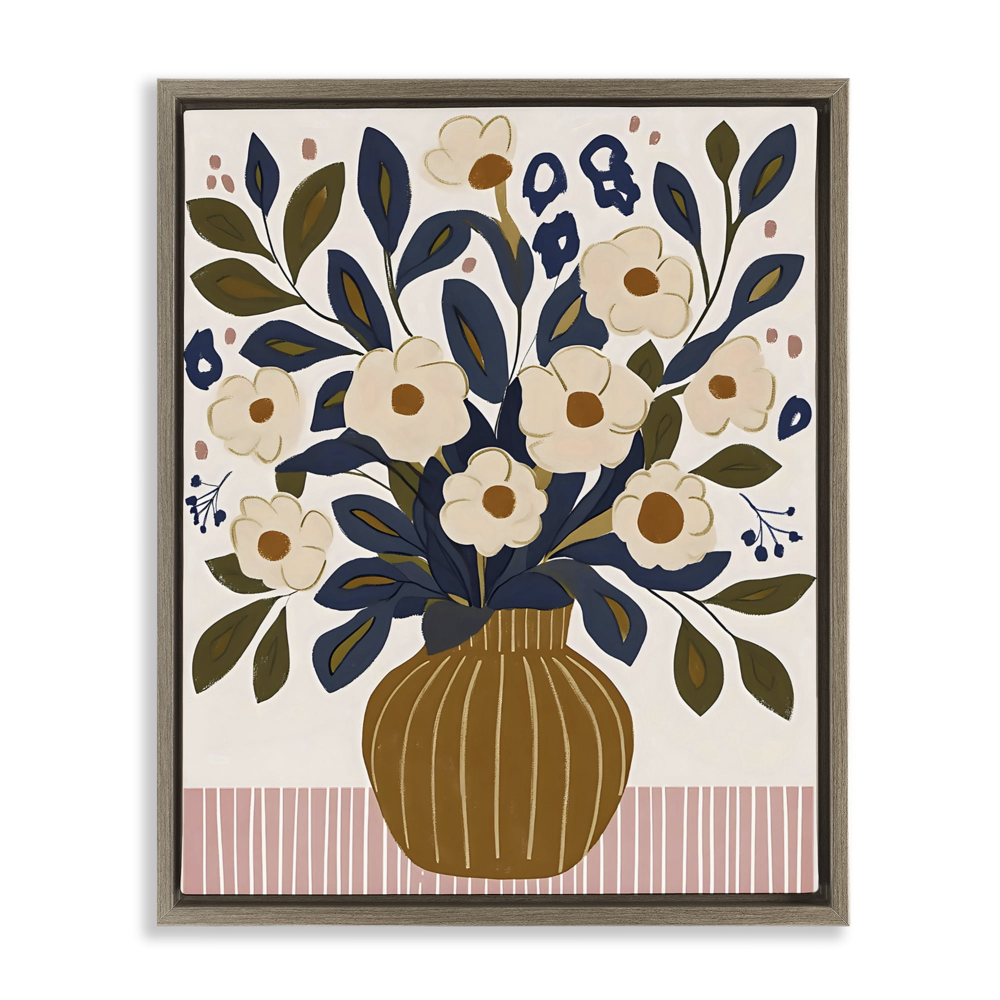Stupell Industries Boho Floral Vase with Stripes Brown Framed Floater Canvas Wall Art, design by Creative Studio