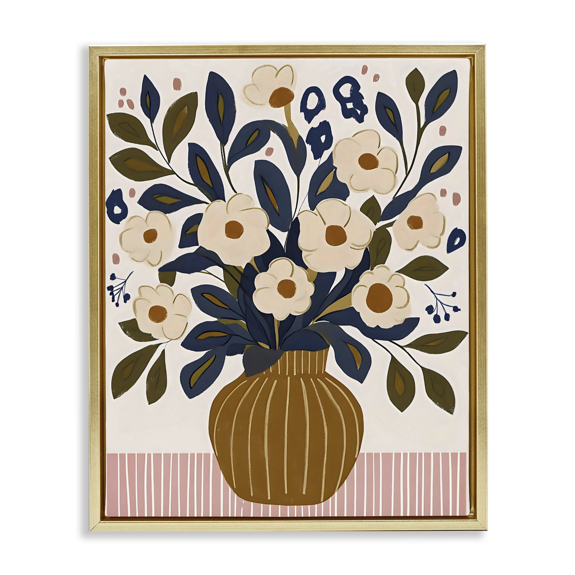 Stupell Industries Boho Floral Vase with Stripes Gold Framed Floater Canvas Wall Art, design by Creative Studio