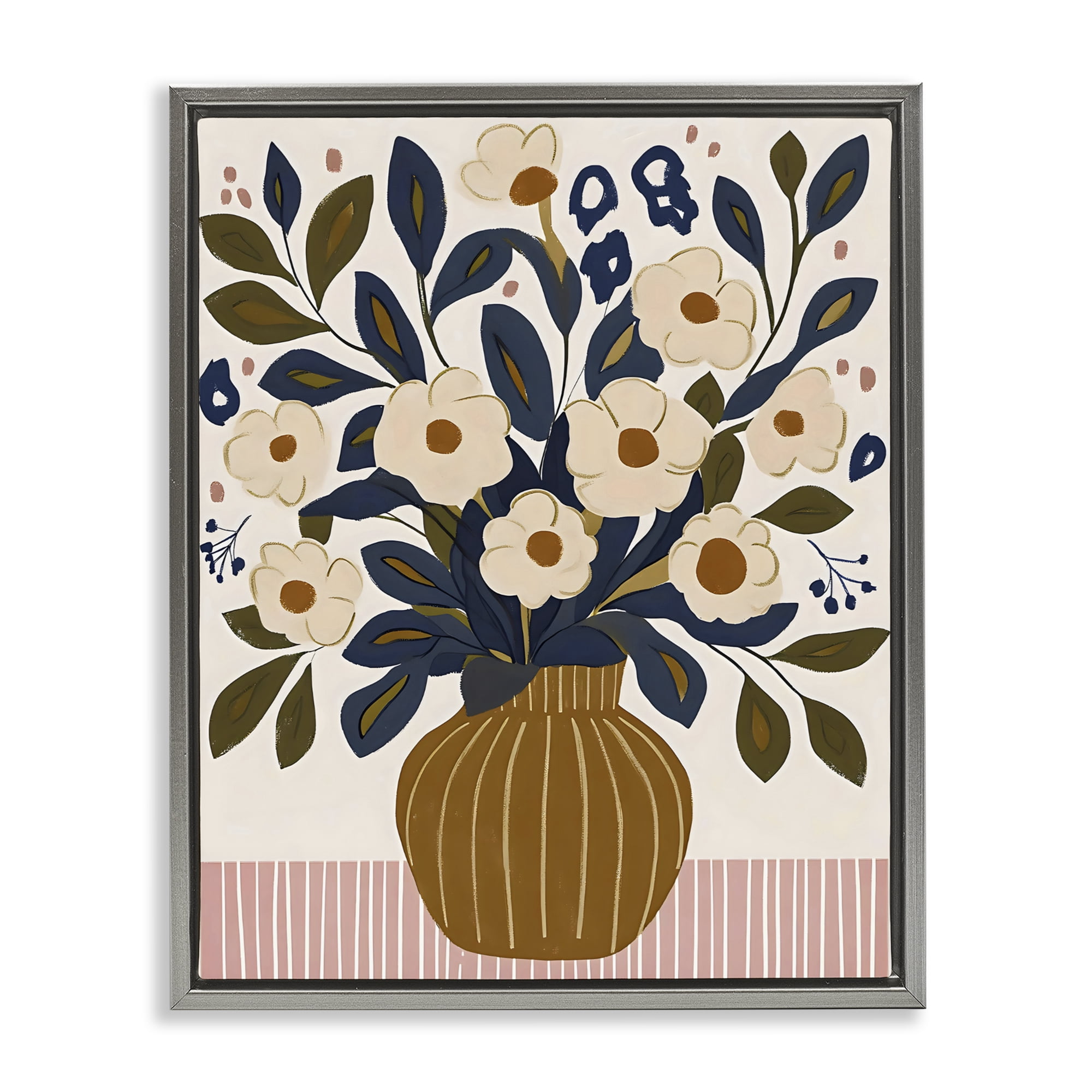 Stupell Industries Boho Floral Vase with Stripes Gray Framed Floater Canvas Wall Art, design by Creative Studio