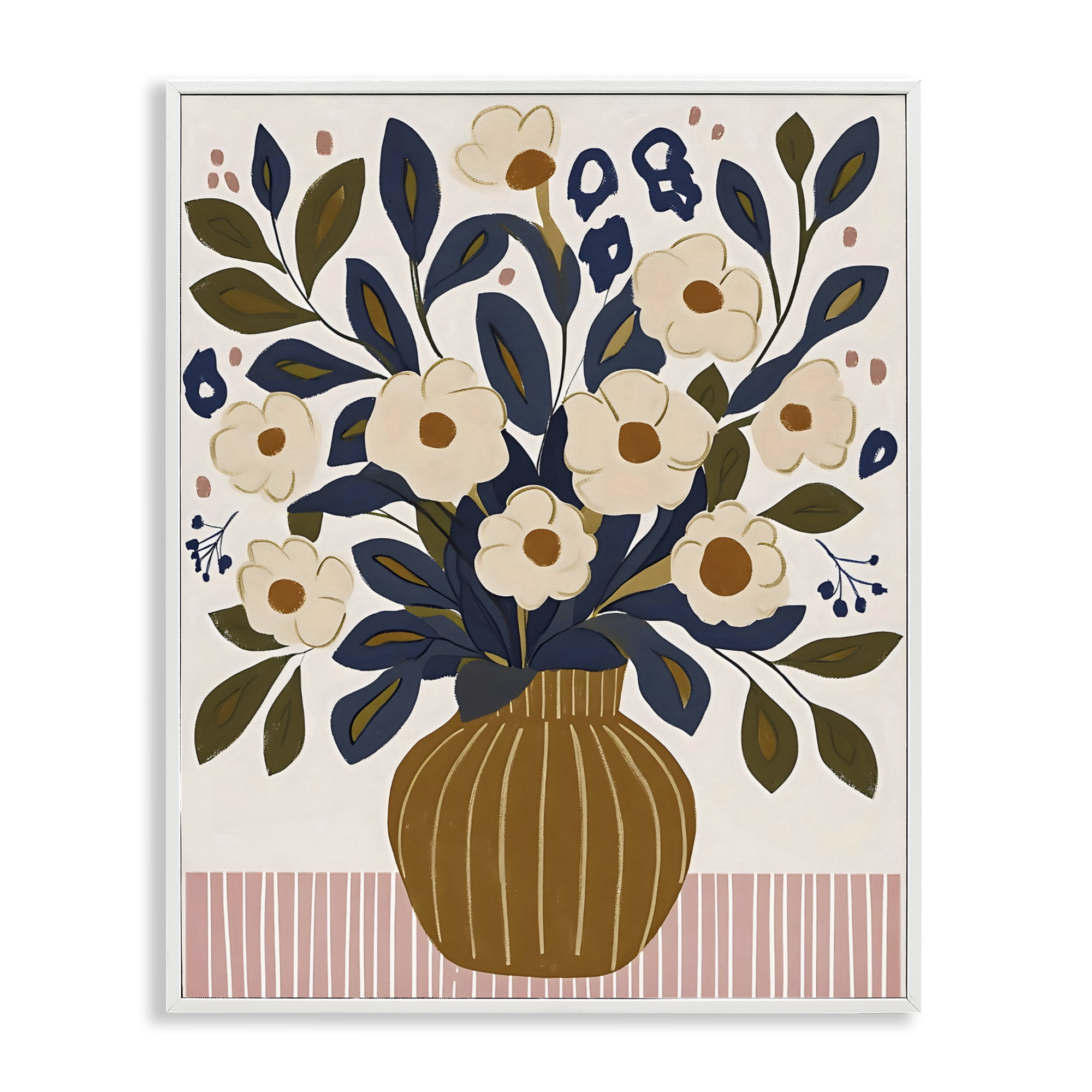 Stupell Industries Boho Floral Vase with Stripes White Framed Giclee Art, design by Creative Studio