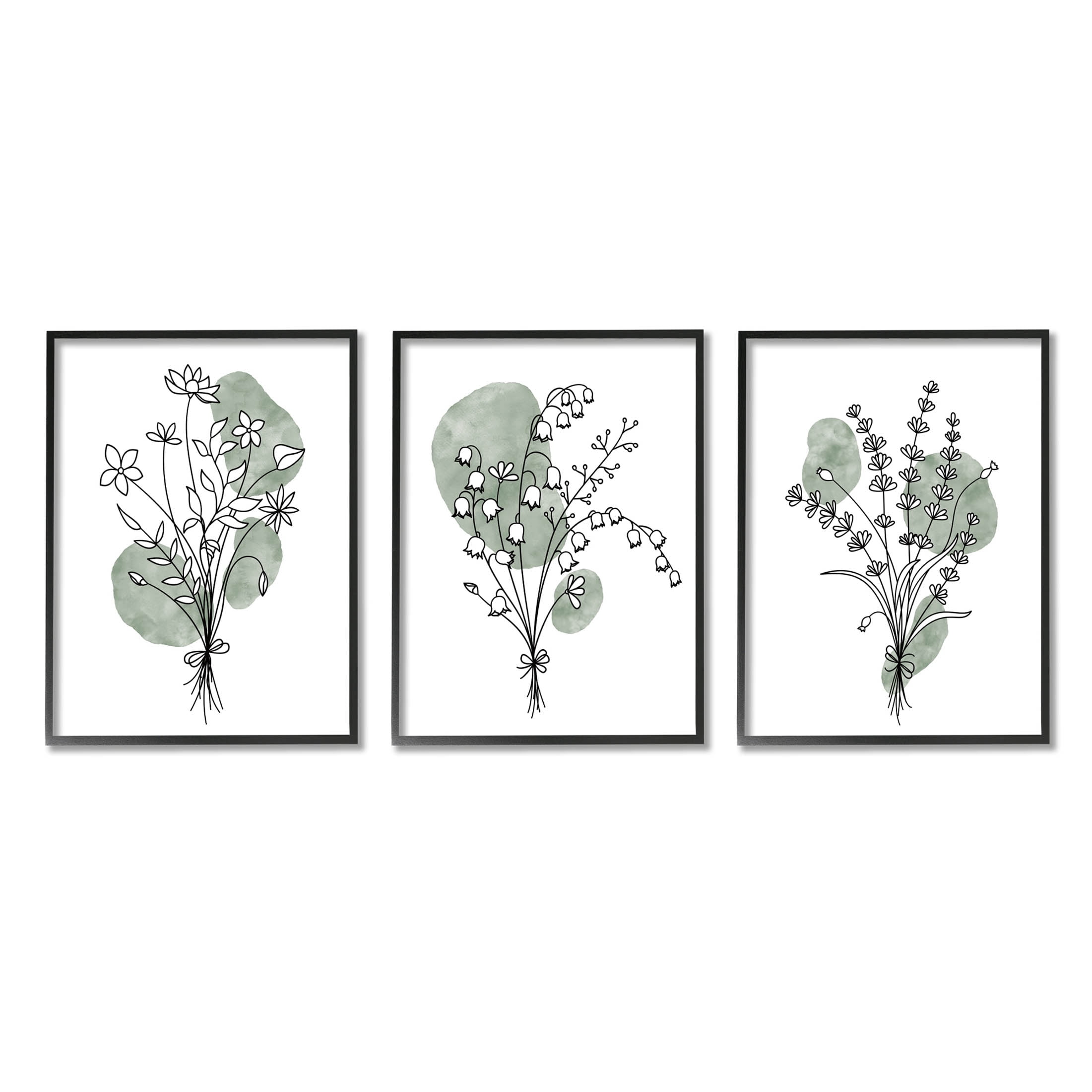 Stupell Industries Boho Flower Herb Bunches Graphic Art Black Framed Art Print Wall Art, Set of 3, Design by JJ Design House LLC