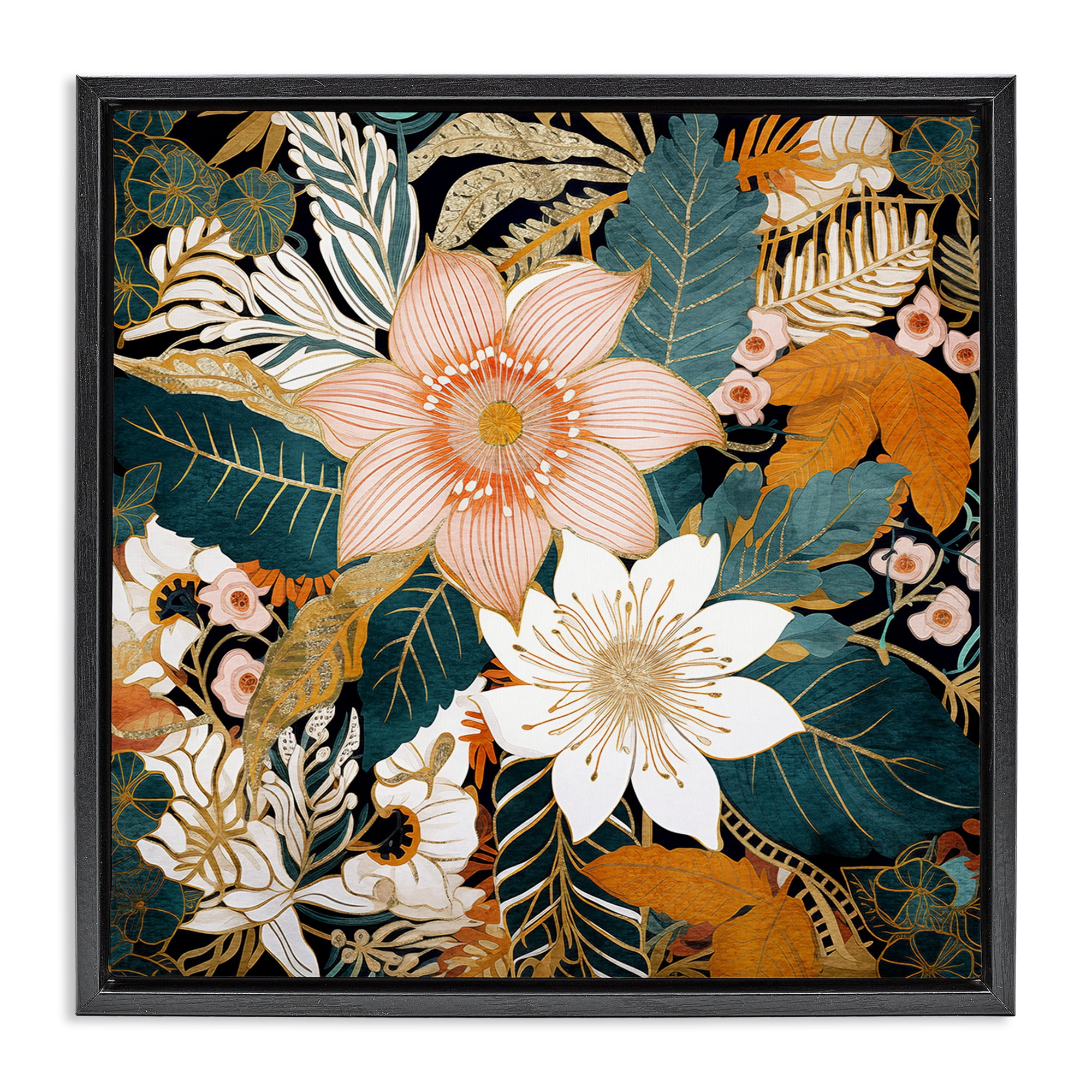 Stupell Industries Boho Flower Pattern Botanical & Floral Painting Black Floater Framed Art Print Wall Art, 25 x 25