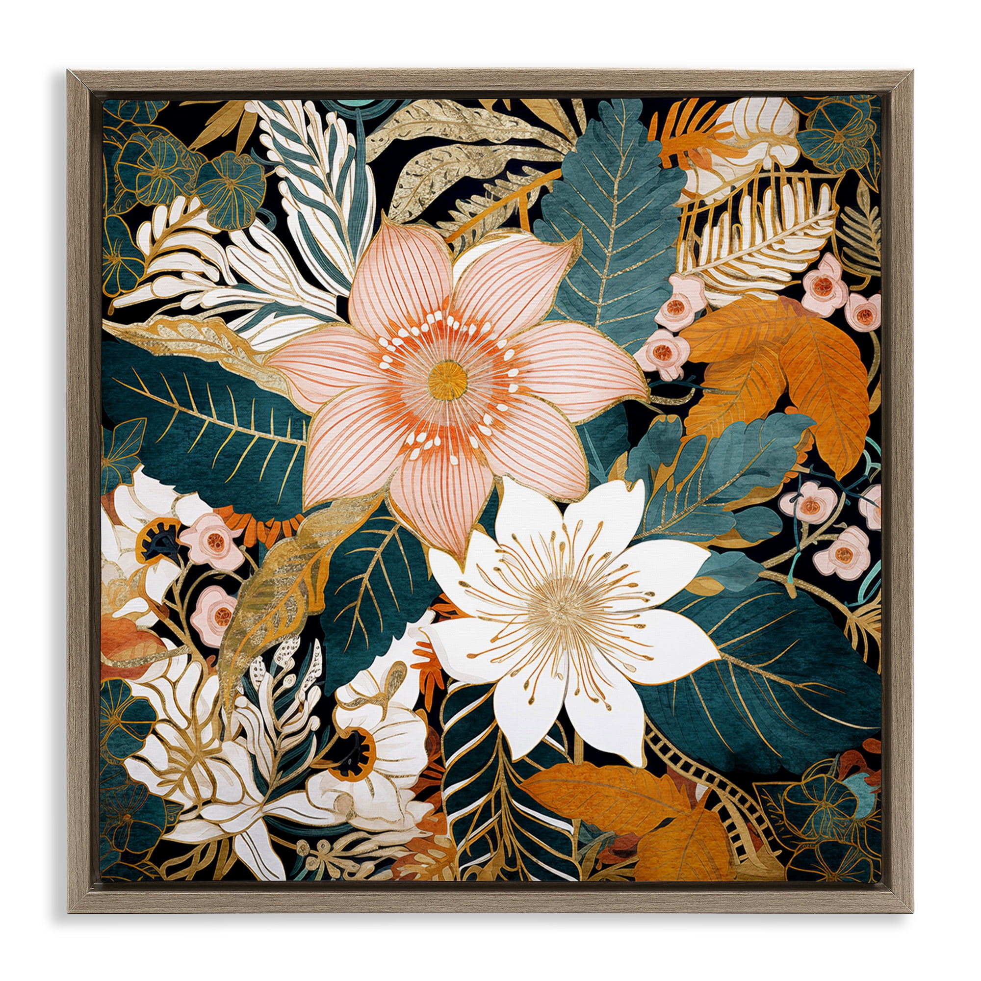 Boho Botanical Floral Canvas Print with Brown Frame, 18 x 18