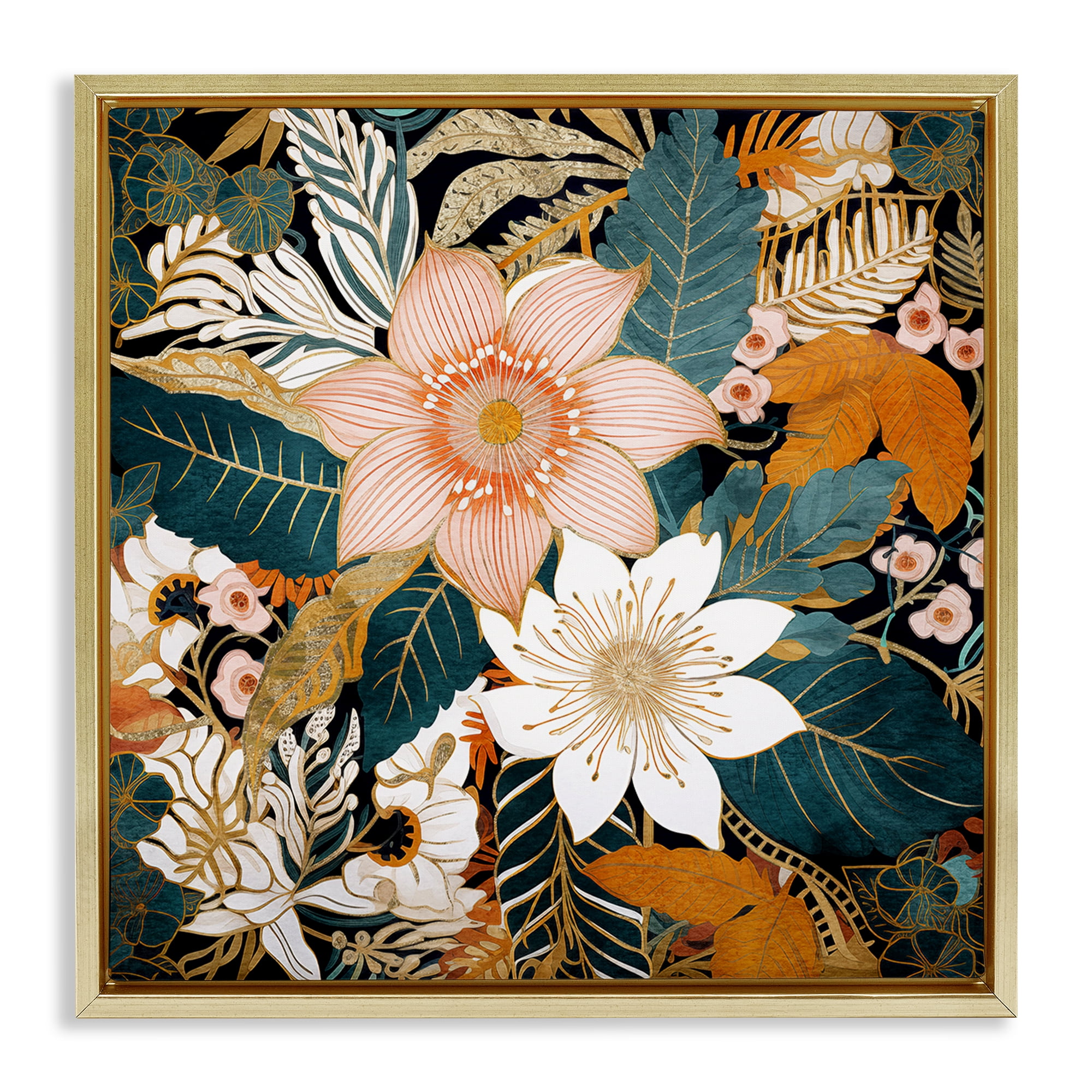 Stupell Industries Boho Flower Pattern Botanical & Floral Painting Gold Floater Framed Art Print Wall Art, 25 x 25
