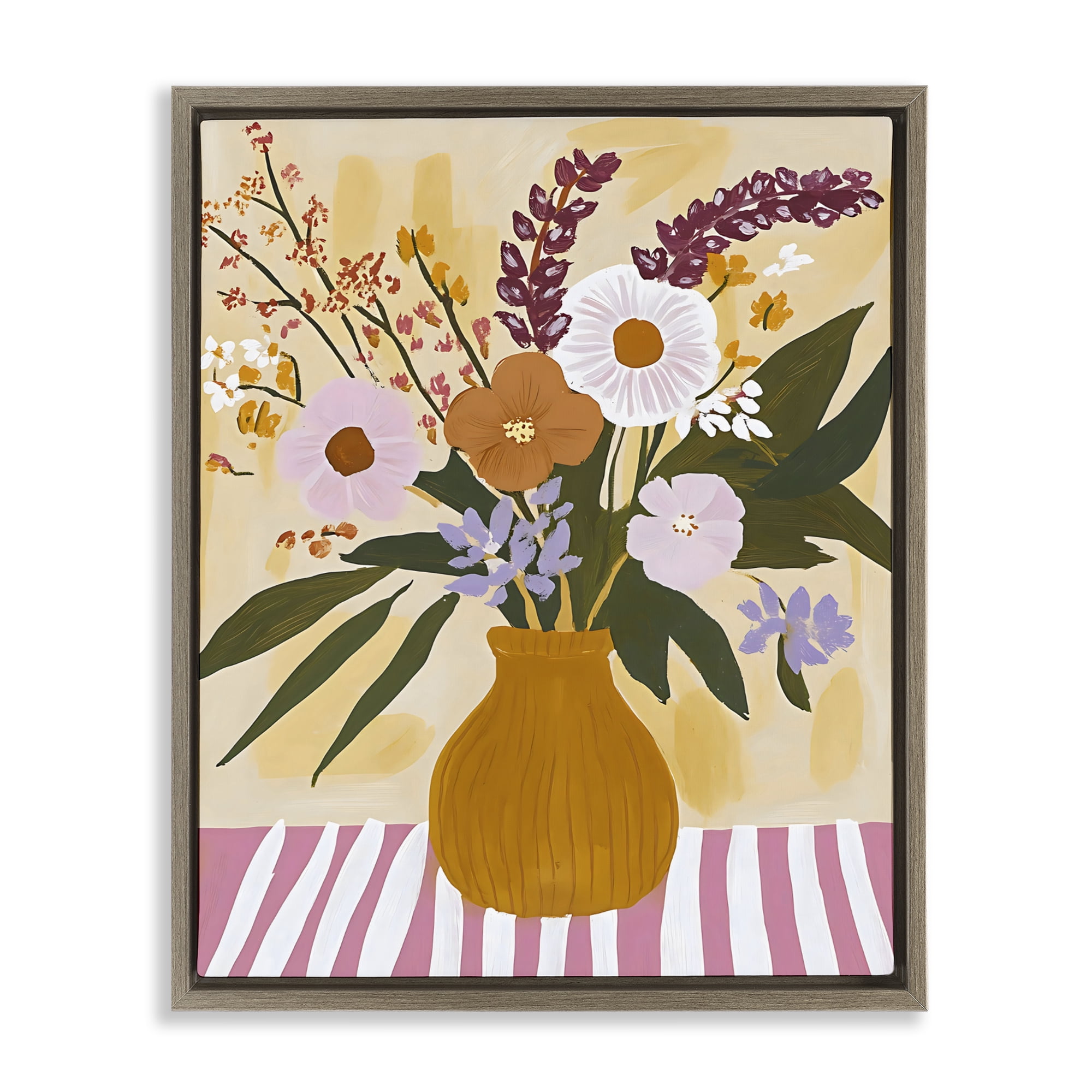 Stupell Industries Boho Flowers on Pink Stripes Brown Framed Floater Canvas Wall Art, design by Creative Studio