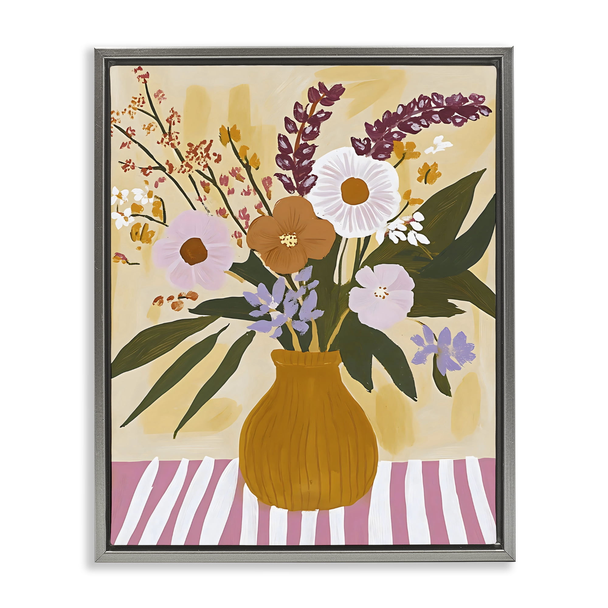 Stupell Industries Boho Flowers on Pink Stripes Gray Framed Floater Canvas Wall Art, design by Creative Studio